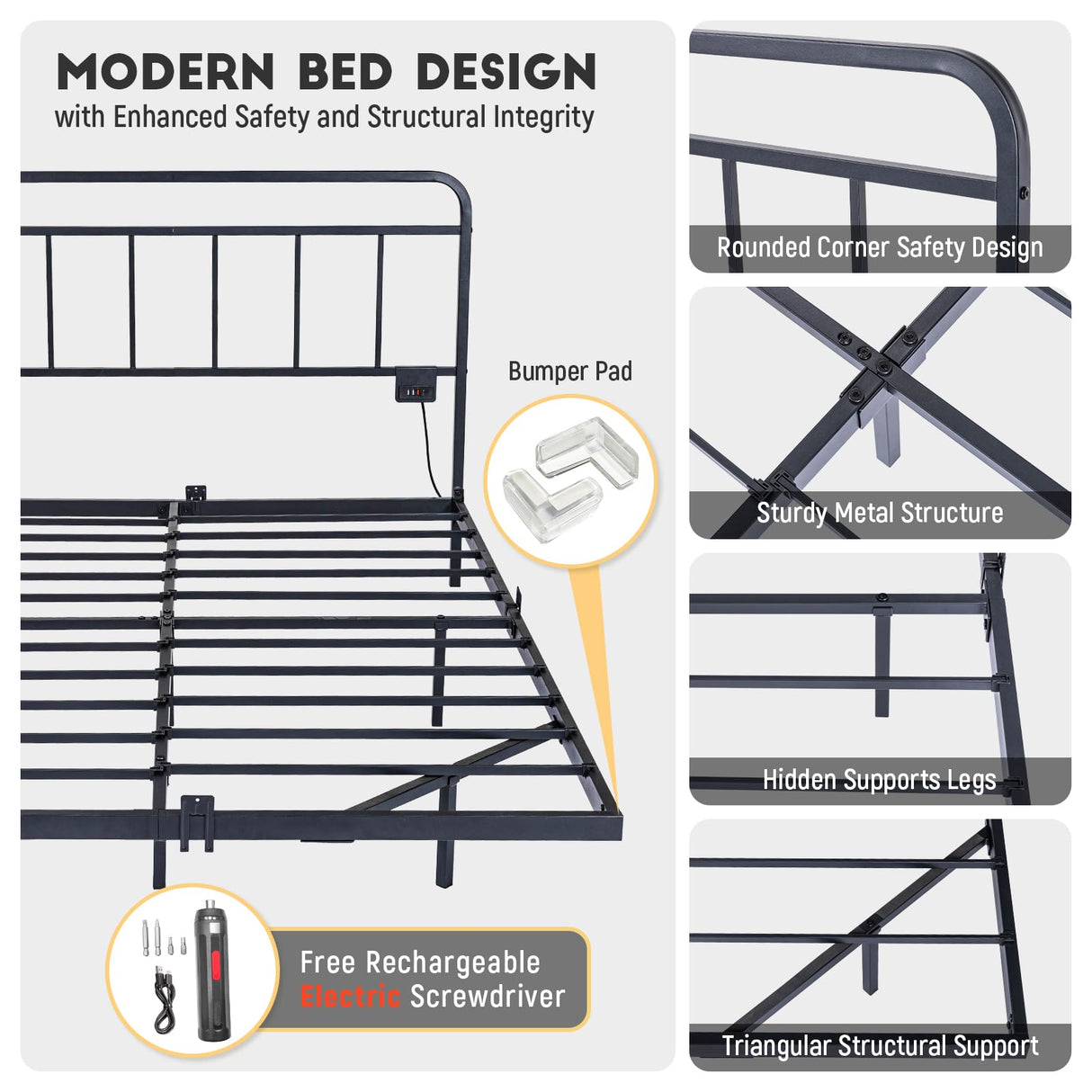 Domus Homeware Floating Queen Size Platform Bed Frame with LED Lights & Charging Station - Includes Powered Screwdriver for Assembly, Mattress Fasteners & Corner Pads, Hardened Steel Domus Homeware