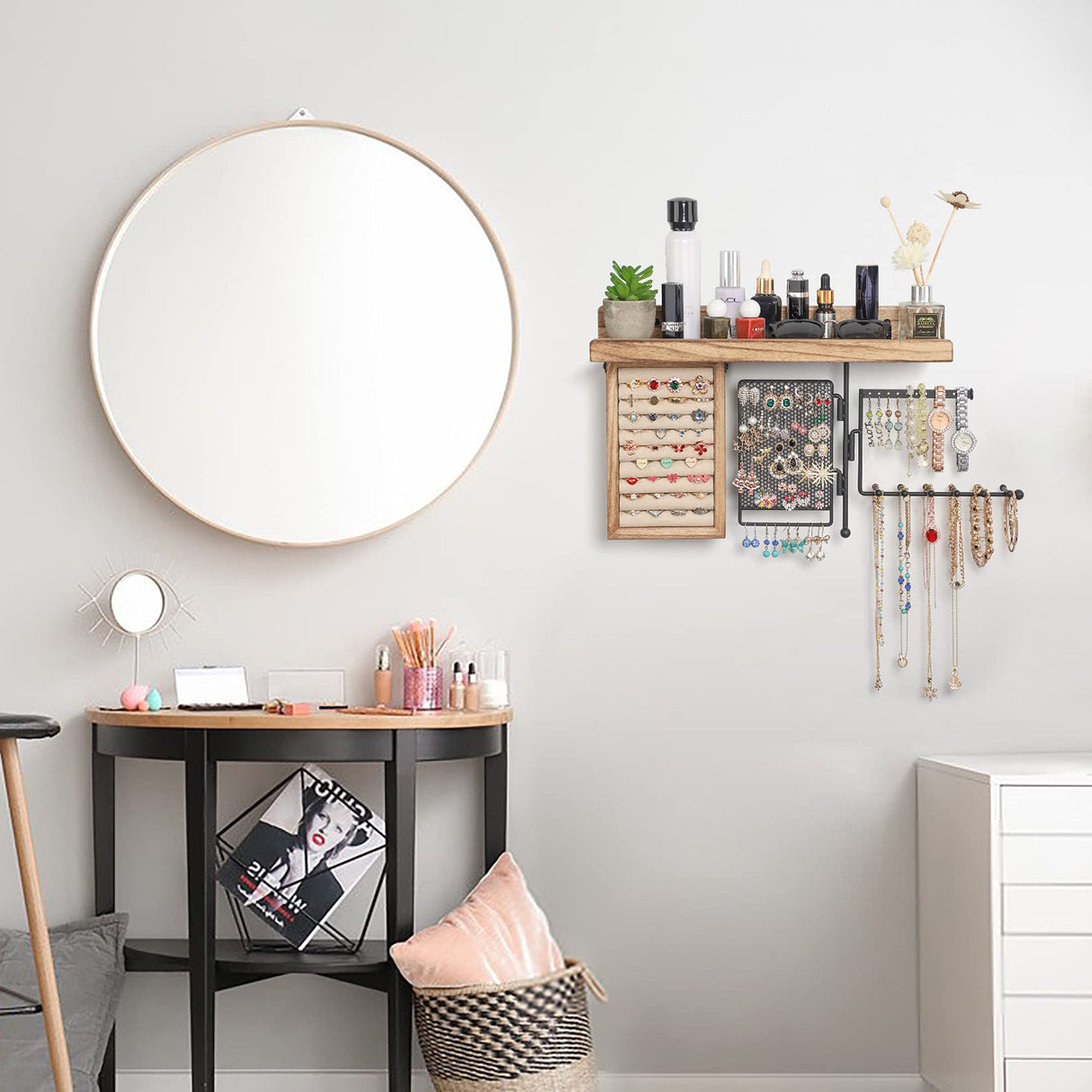 SOLIMINTR Hanging Jewelry Organizer Wall Mount with Rustic Wood Shelf, Ring Display Box, Ear Studs Earring Holder, Rotating Necklace Holder Organizer SOLIMINTR