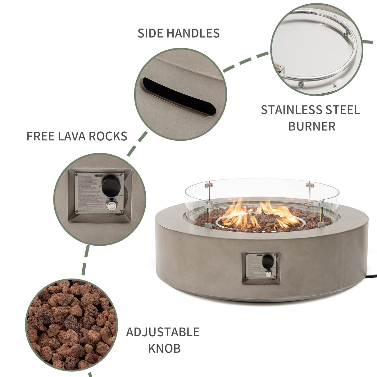 COSIEST 2-Piece Outdoor Propane Firepit Table Set w Tank Table, 42" Fire Table Certified, 50,000 BTU w Gray Round Base,Wind Guard and 16 inches Tank Side Table 20lb for Garden,Pool COSIEST