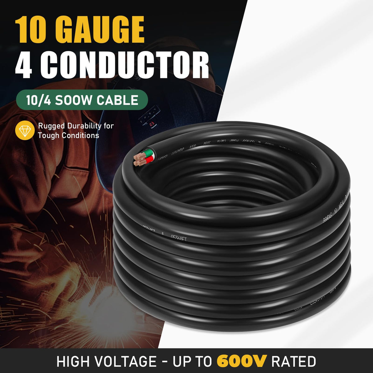 50ft 10/4 10 AWG Portable Power Cable (4 Conductor) - SOOW 600V 10 Gauge Electric Wire for Generator, Portable Lights, RV/EV Car Battery Chargers and Machinery - 50 Feet Electrical Cord Bghdas
