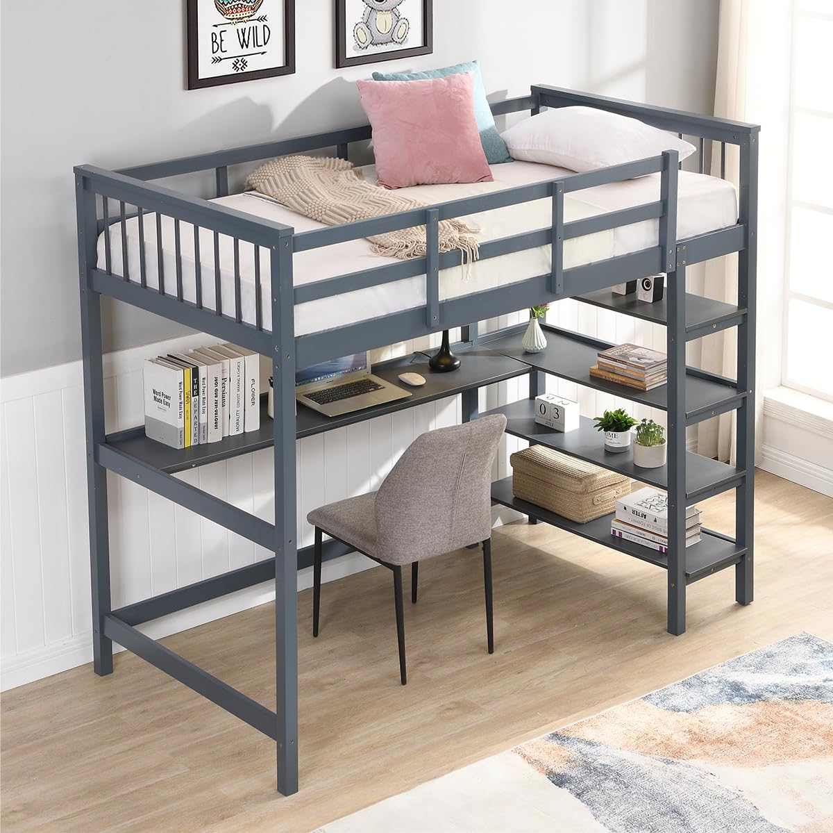 KINFFICT Loft Bed Full Size with Desk and Shelves, Heavy Duty Full Loft Bed Frame with Bookcase Storage, Solid Wood Lofted Bed Frame, Space-Saving, Noise Free, No Box Spring Needed KINFFICT
