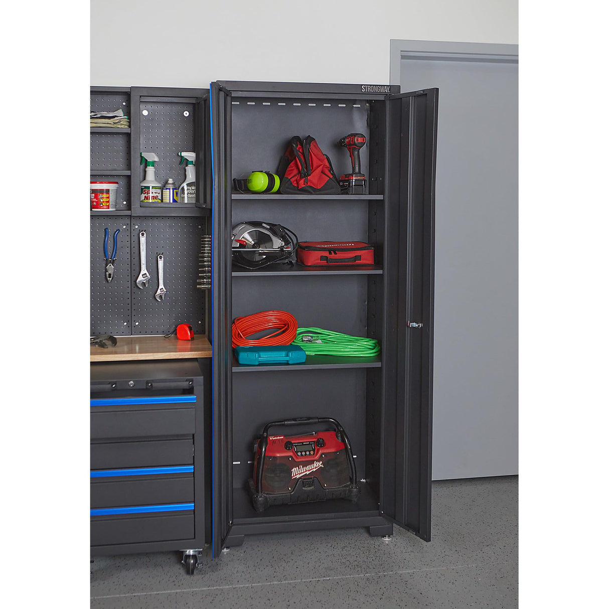Strongway Steel Garage Storage System with Drawers, Pegboard, Shelves, Tabletop, 2 Rolling Cabinets, 81.5in. x 75.7in. Strongway