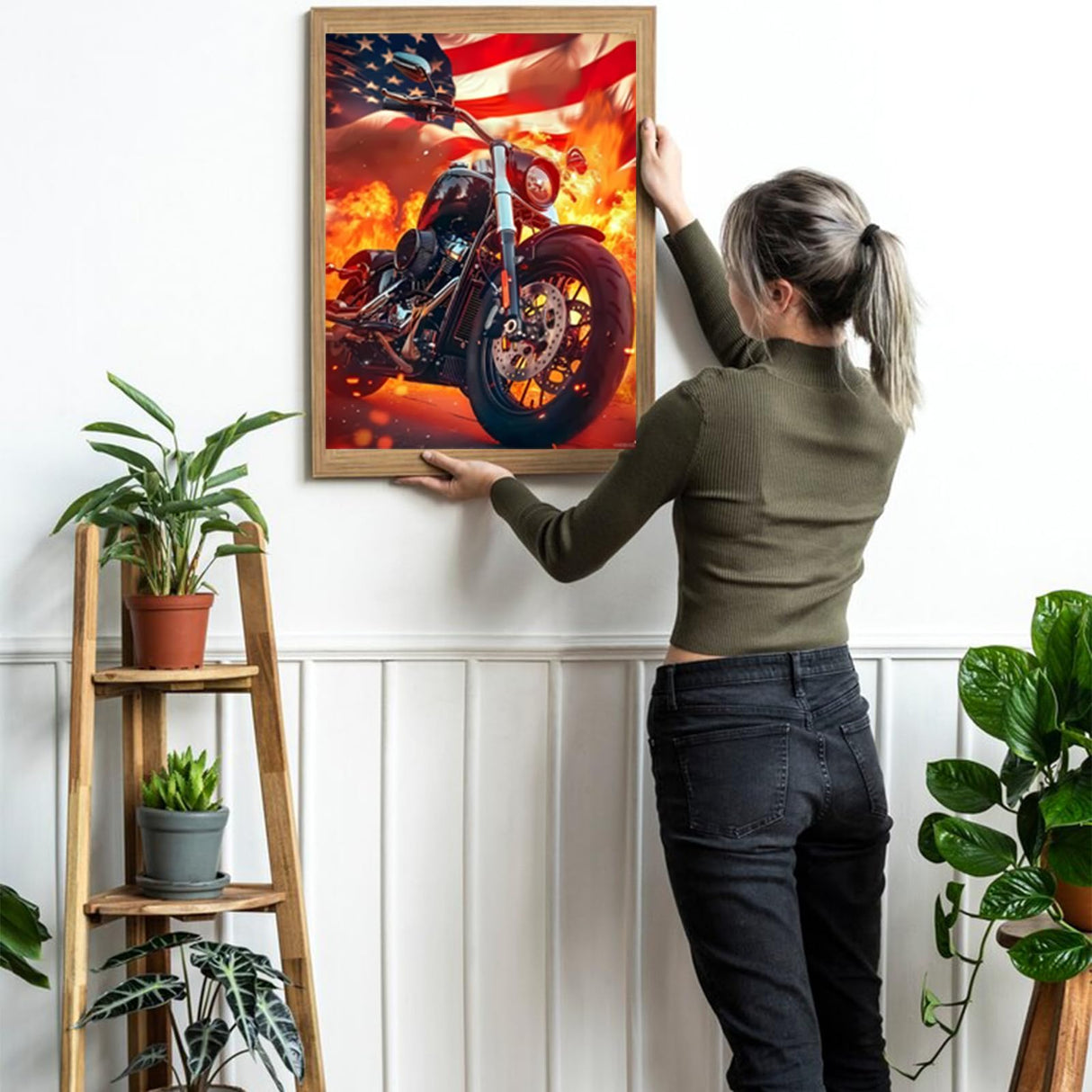 HMDIIMGE 5D Diamond Painting Kits for Adults The American Flag and The Motorcycle Diamond Art Kits DIY Full Round Drill Motorcycle with Diamonds Gem Art Help Relieve Stress 12x16 inch HMDIIMGE