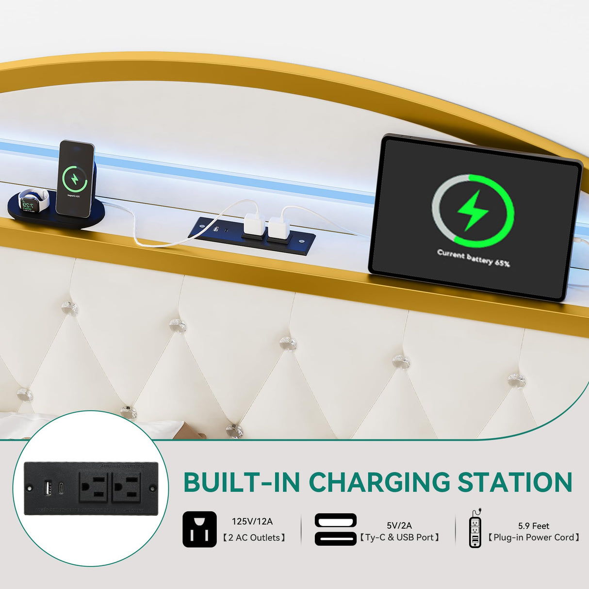 YITAHOME White Upholstered Queen Bed Frame with LED Lights, 4 Storage Drawers, and Charging Station YITAHOME