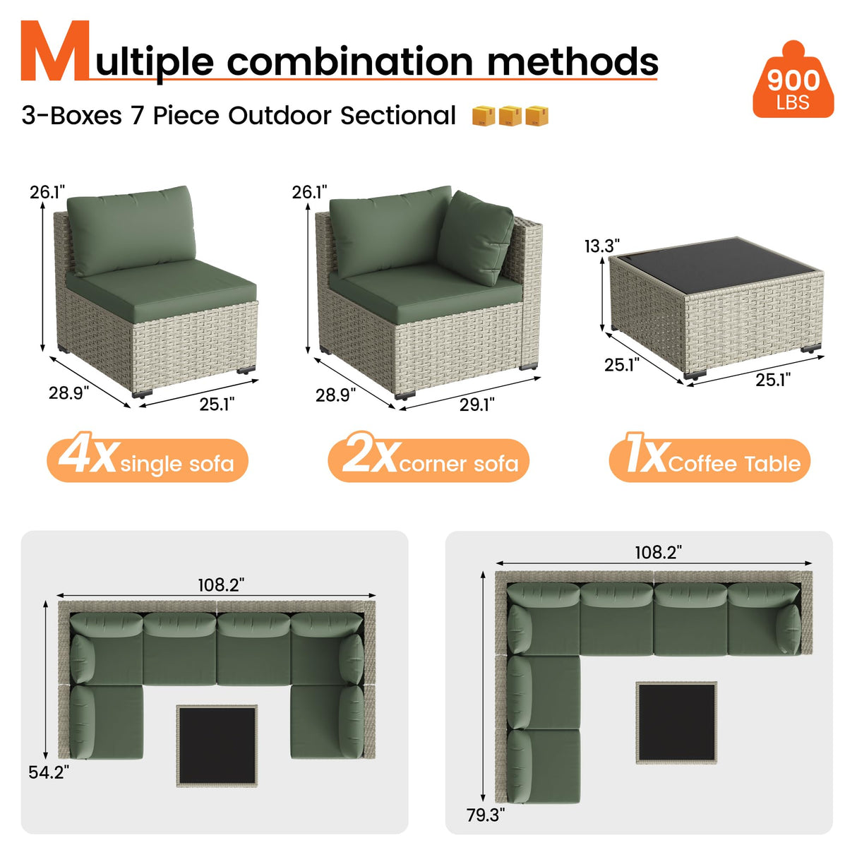 VONZOY Patio Furniture Set, 7-Piece Outdoor Sectional All-Weather Wicker Patio Conversation Set for Backyard (Green Cushions with Grey Rattan) VONZOY