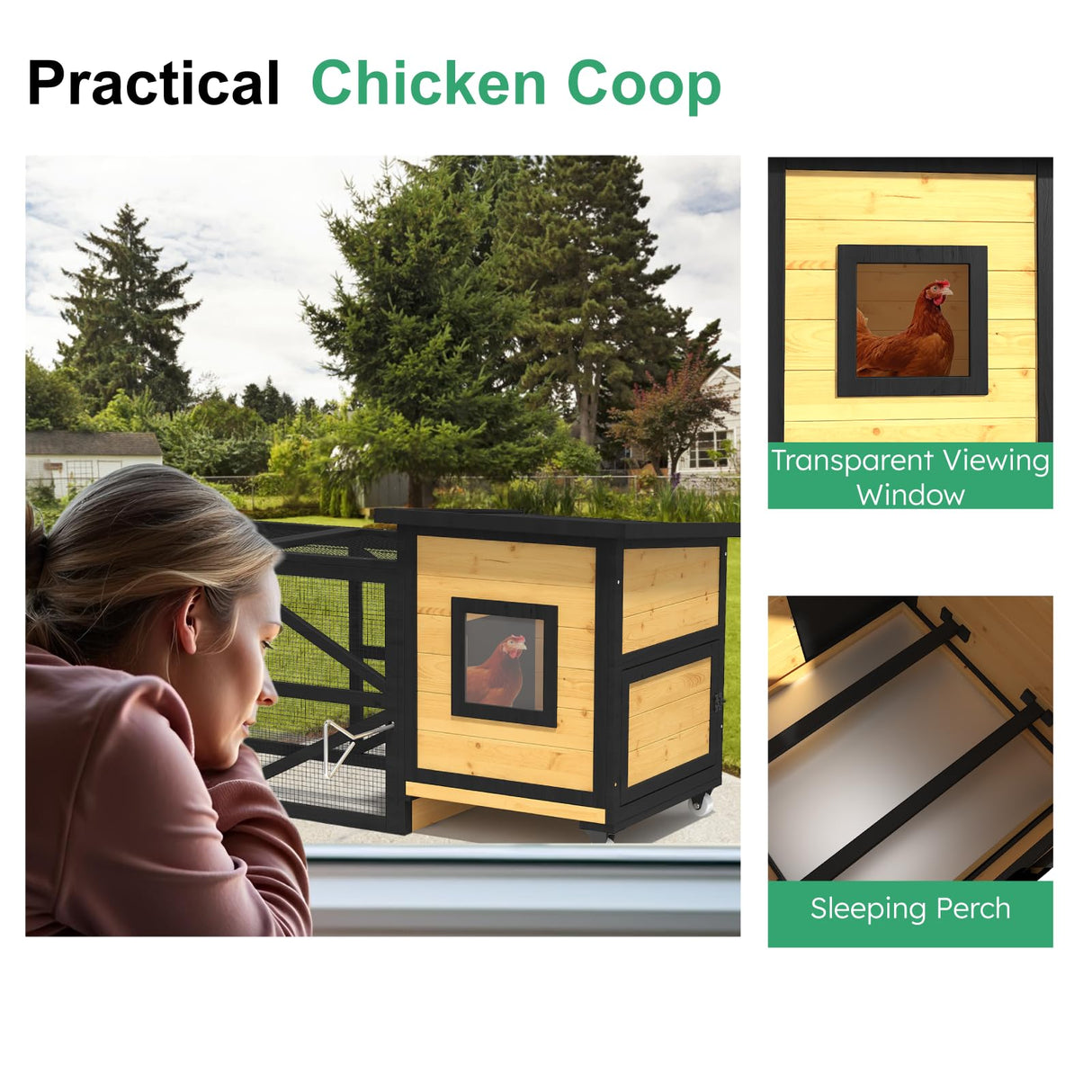 TIMHAKA 71'' Chicken Coop with Wheels, Outside Chicken House for 2-3 Chickens, Outdoor Wooden Mobile Duck Coops with Run & Waterproof Asphalt Roof, Removable Tray for Backyard Poultry Pet Hutch TIMHAKA