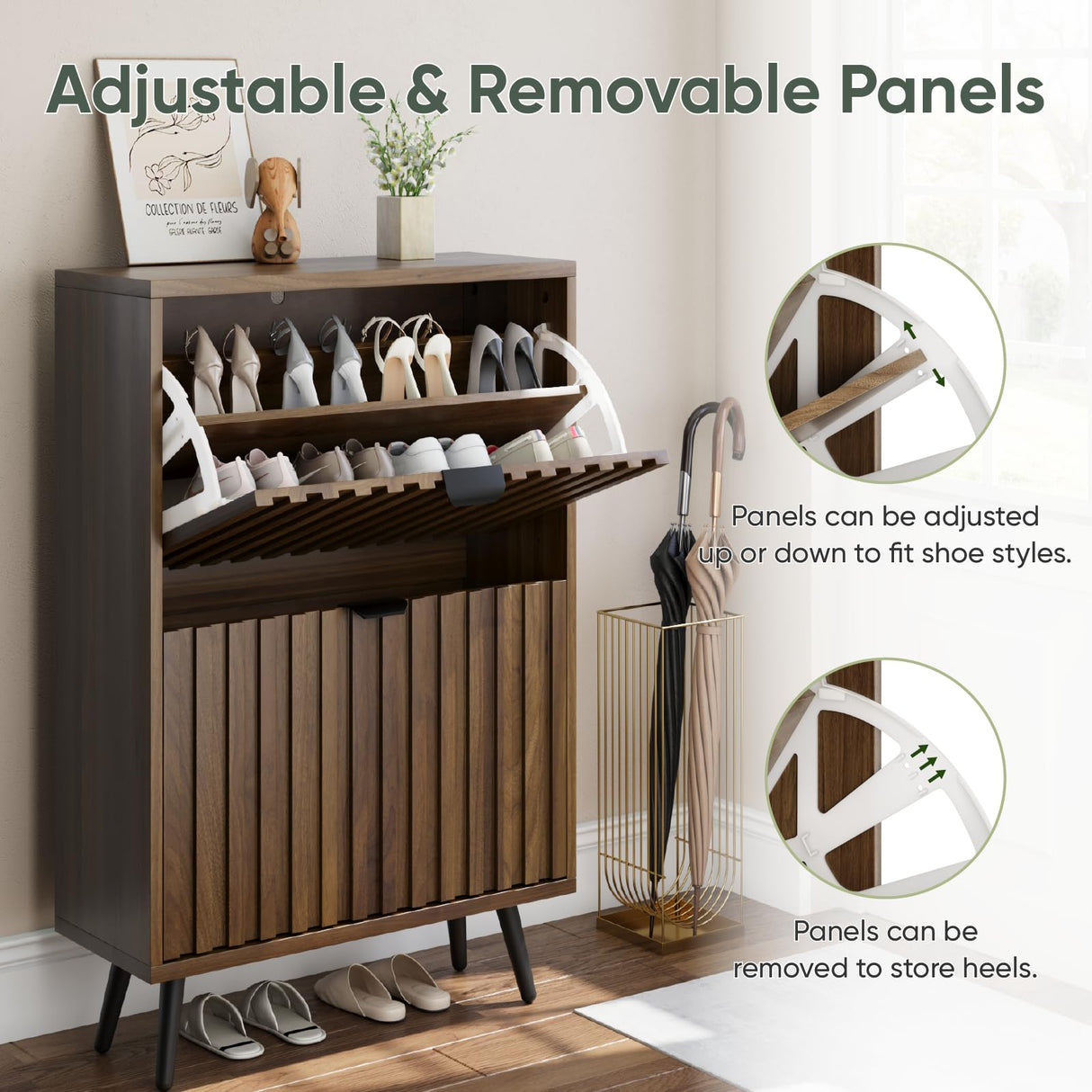 Smuxee Shoe Cabinet with 2 Flip Drawers, 23.6" Walnut Hidden Shoe Storage Cabinet with Fluted Design, Freestanding Shoe Organizer Cabinet for Entryway, Hallway, Closet, Living Room Smuxee