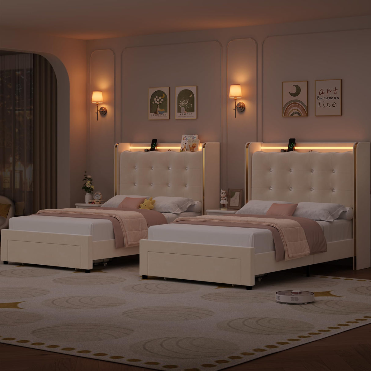 HITHOS 2 Set Upholstered Twin Led Bed Frame with Charging Station and Storage Drawer, Velvet Princess Platform Bed Frames with Crystal-Button Tufted Headboard for Girls, No Box Spring Need (Beige) HITHOS