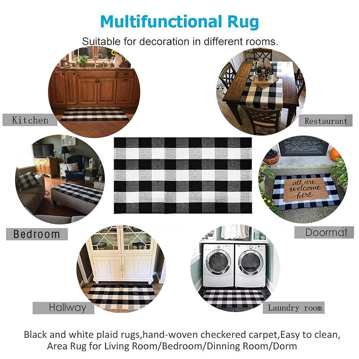 SEEKSEE Cotton Buffalo Plaid Rug 27.5"x43" Black and White Checked Rug Washable Doormats Indoor Outdoor Rugs for Layered Front Door Mats, Porch, Kitchen, Farmhouse, Entryway SEEKSEE
