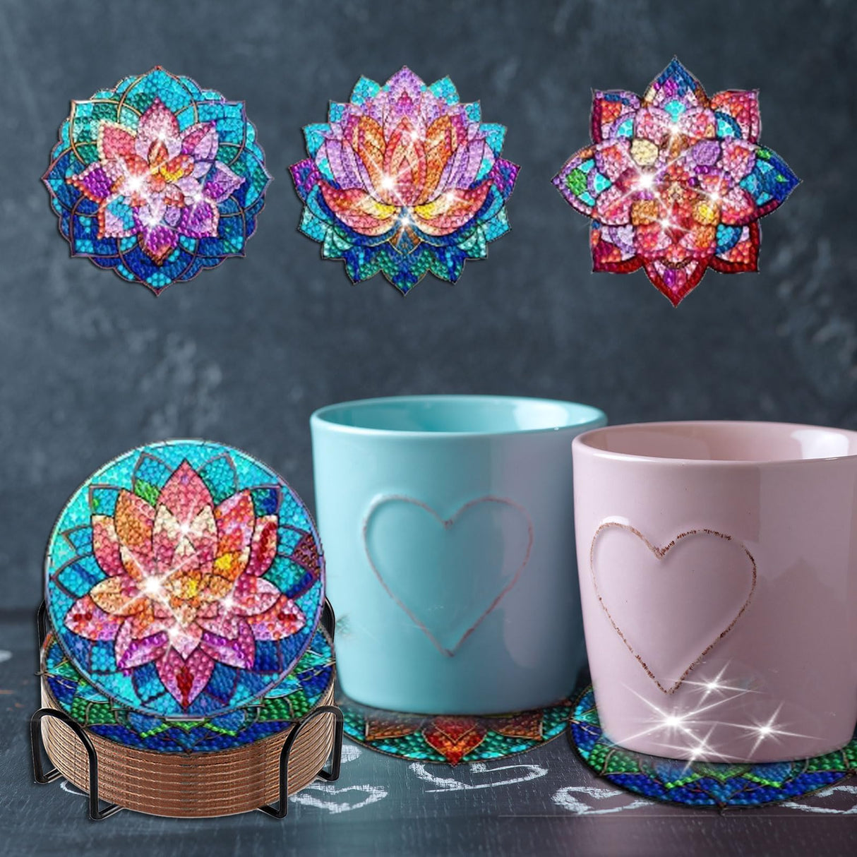 Demonwer 8 Pieces Lotus Diamond Painting Coasters with Holder DIY Cute Lotus Diamond Art Coasters 5d Lotus Diamond Coasters with Cork Pads for Beginners Adults for Christmas Holidays Gift Demonwer