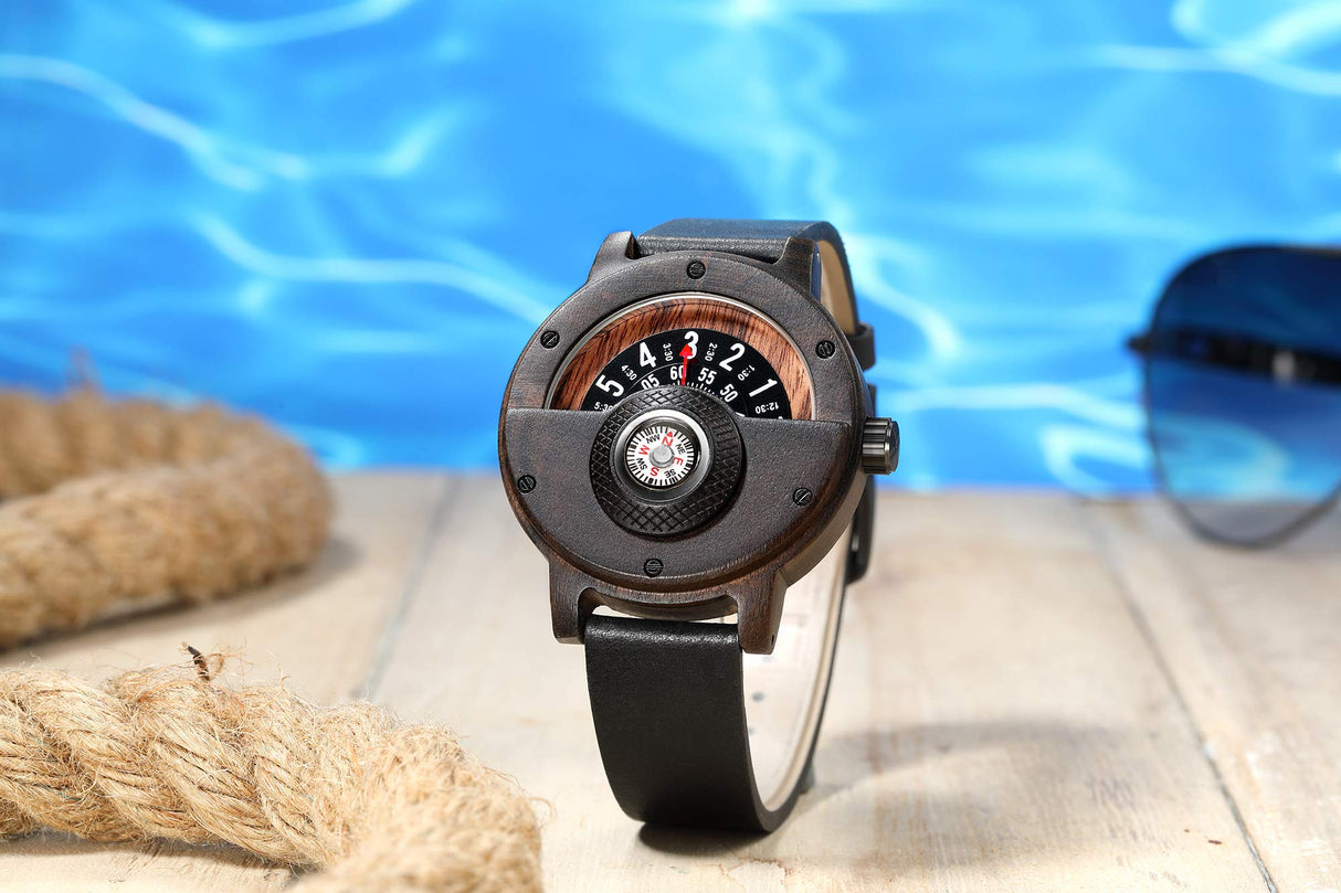 Compass Watches for Men, Turntable Wooden Watch, Lightweight Handmade, Quartz Sports Watch (# GO-145) GORBEN