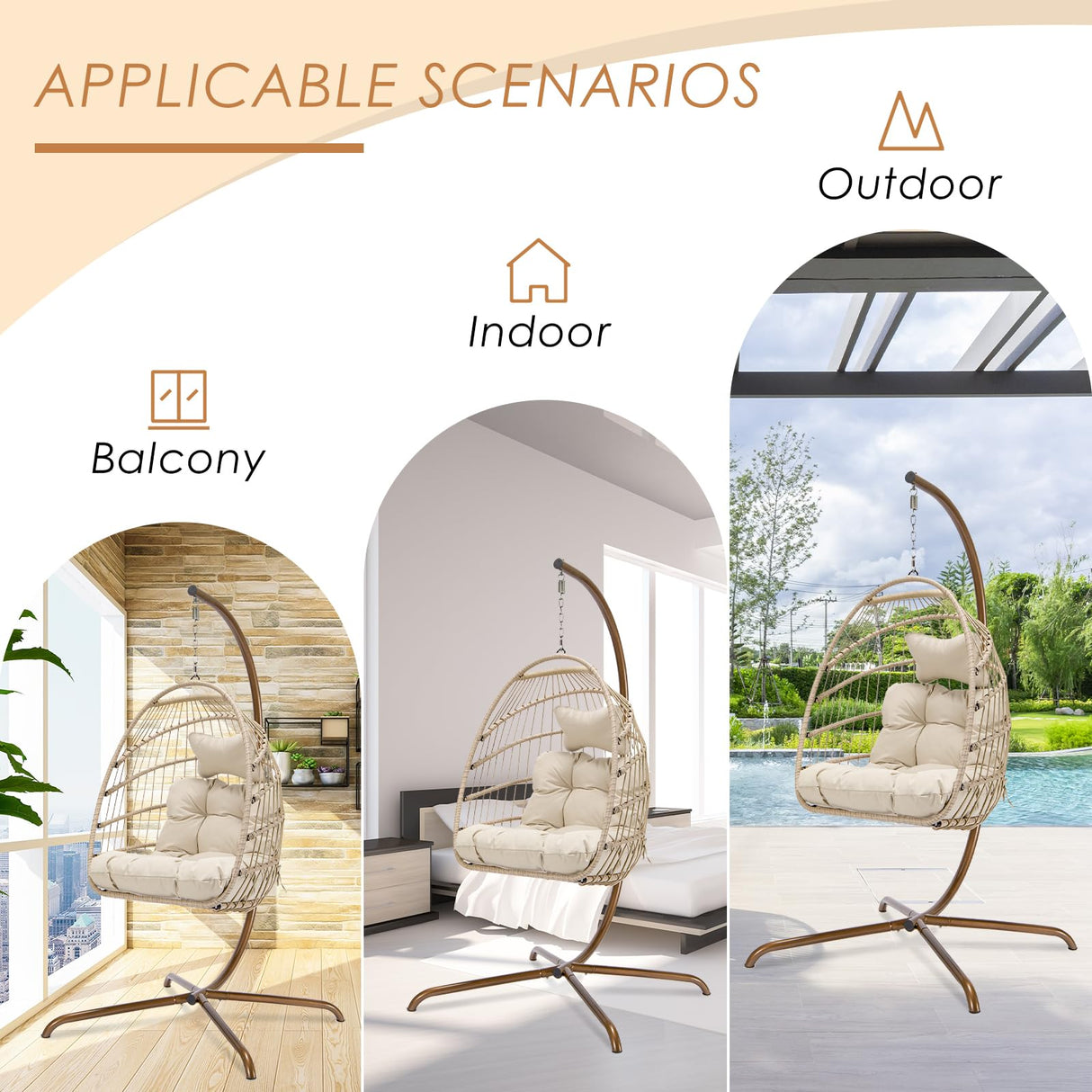 NICESOUL® Swing Egg Chair with Stand Indoor Outdoor Wicker Rattan Patio Basket Hanging Chair with UV Resistant Cushions 350lbs Capacity for Bedroom Balcony Patio (Cream) NICESOUL