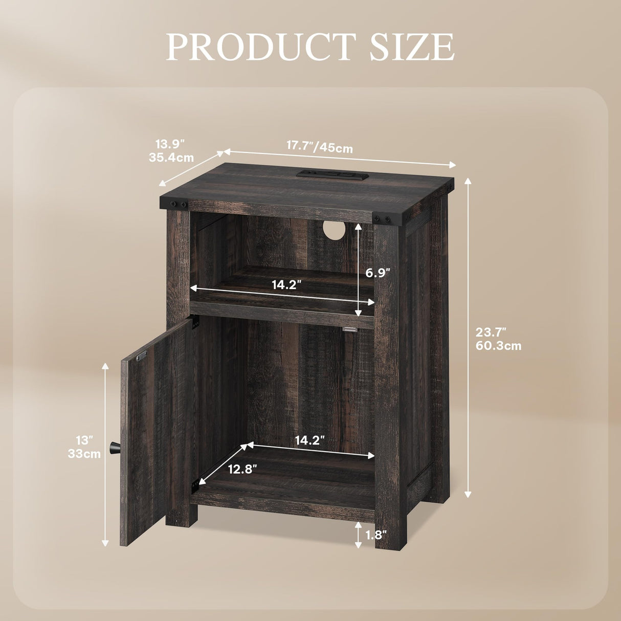 YITAHOME Farmhouse Nightstand with Charging Station & LED Lights, Living Room End Table, Small Bedside Tables Side Tables Bedroom, Rustic Wood Night Stand, Brown Oak YITAHOME