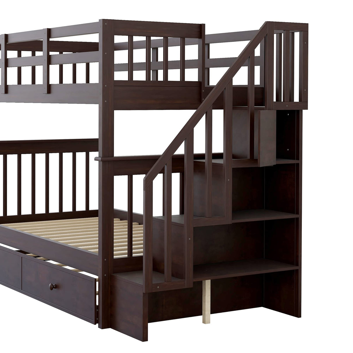 Harper & Bright Designs Twin Over Twin Bunk Bed with Trundle Bed and Storage Shelf, Kids Twin Size Bunk Bed with Stairs & Guard Rail, Wood Bunk Bed Frame for Kids, Teens, Adults,Espresso Harper & Bright Designs