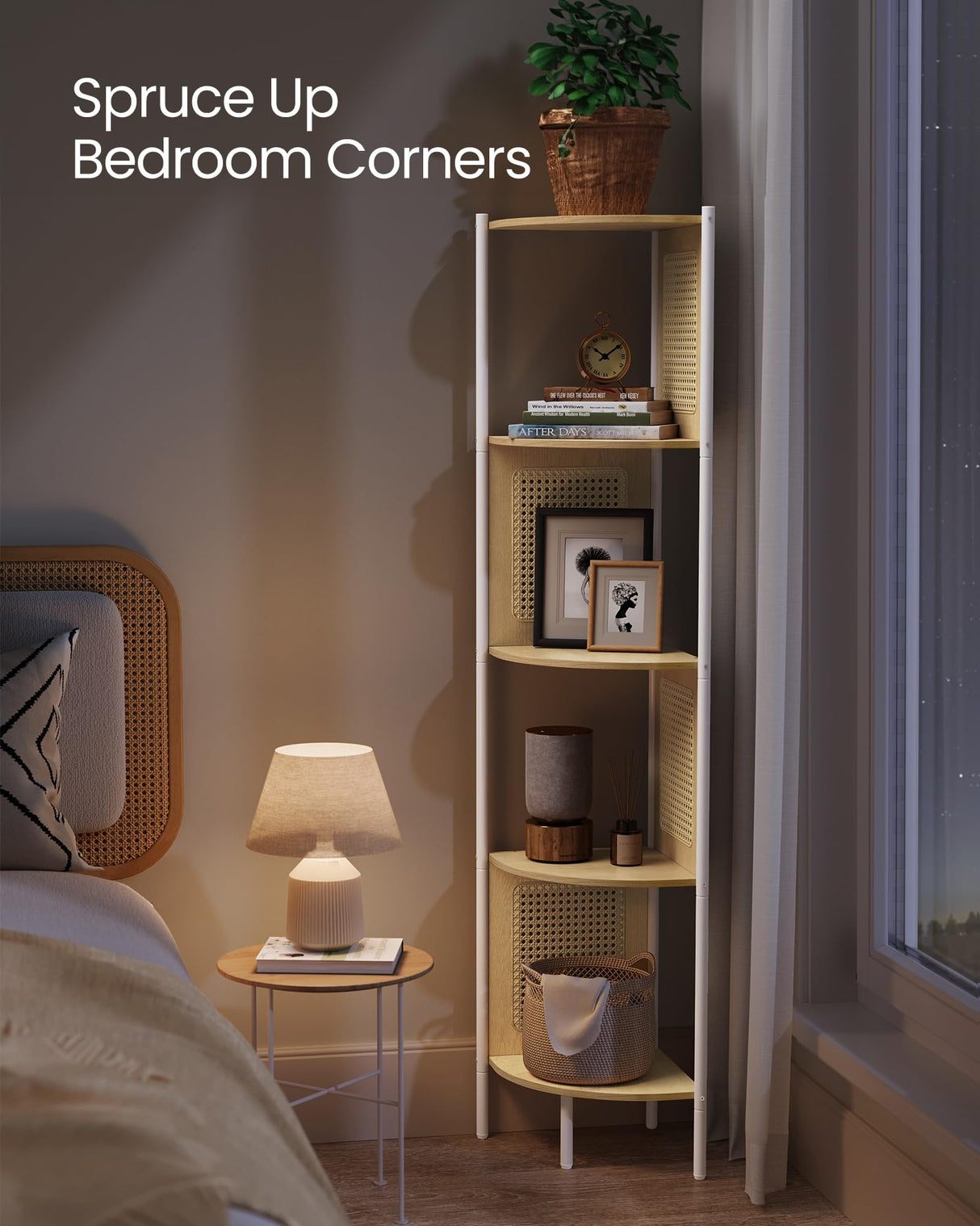 VASAGLE 5-Tier Corner Shelf Stand, Boho Corner Bookshelf with Polyrattan Sides, Plant Stand for Living Room Bedroom Study Kitchen, Oak Beige ULLS588Y57 VASAGLE