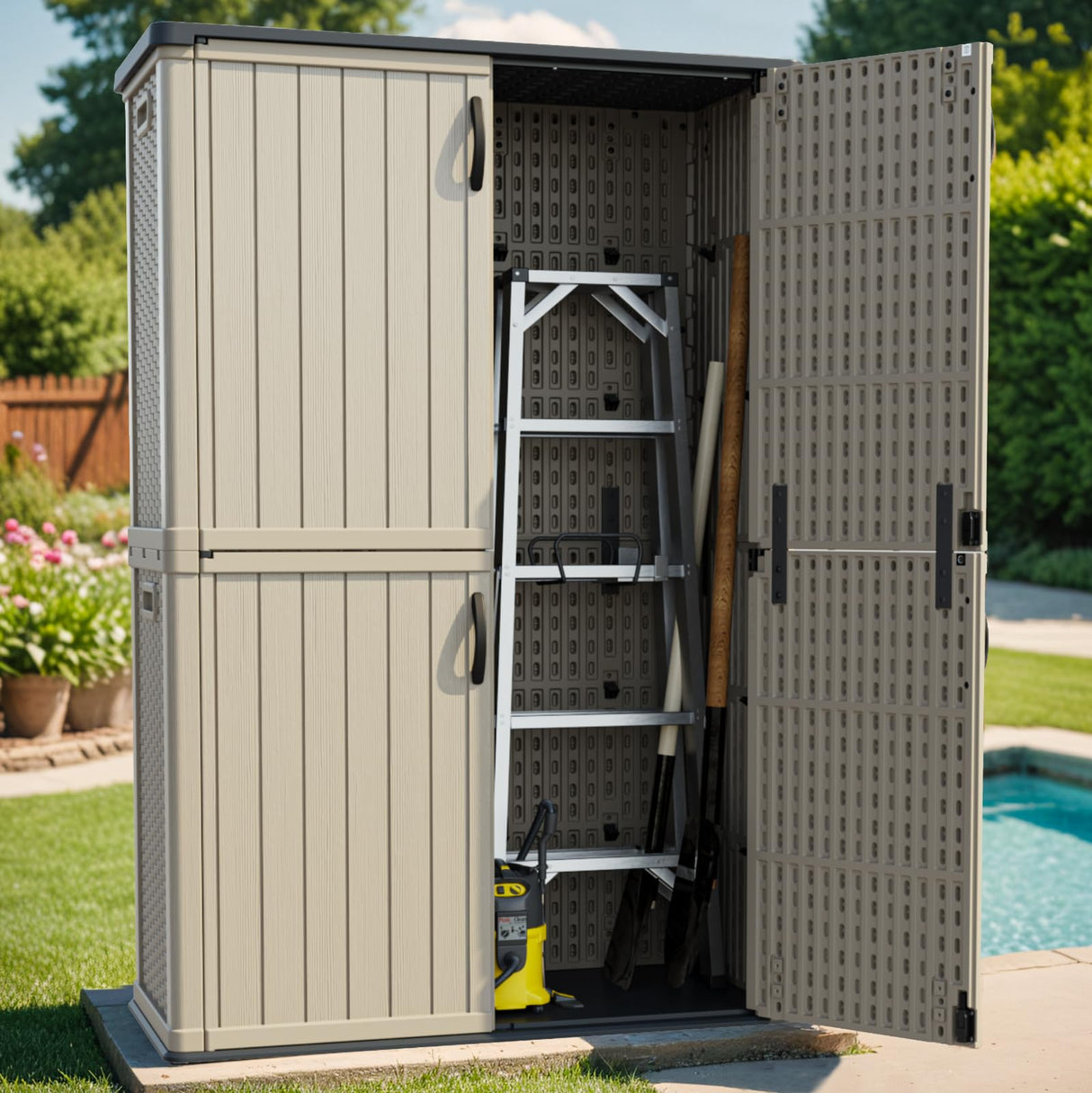 Patiowell 50 cu.ft Plastic Outdoor Storage Shed, Lockable Waterproof Resin Storage Cabinet Vertical Storage Shed for Garden Tools, Garbage Cans, Pool Supplies, Beige(Not Include Shelves) Patiowell