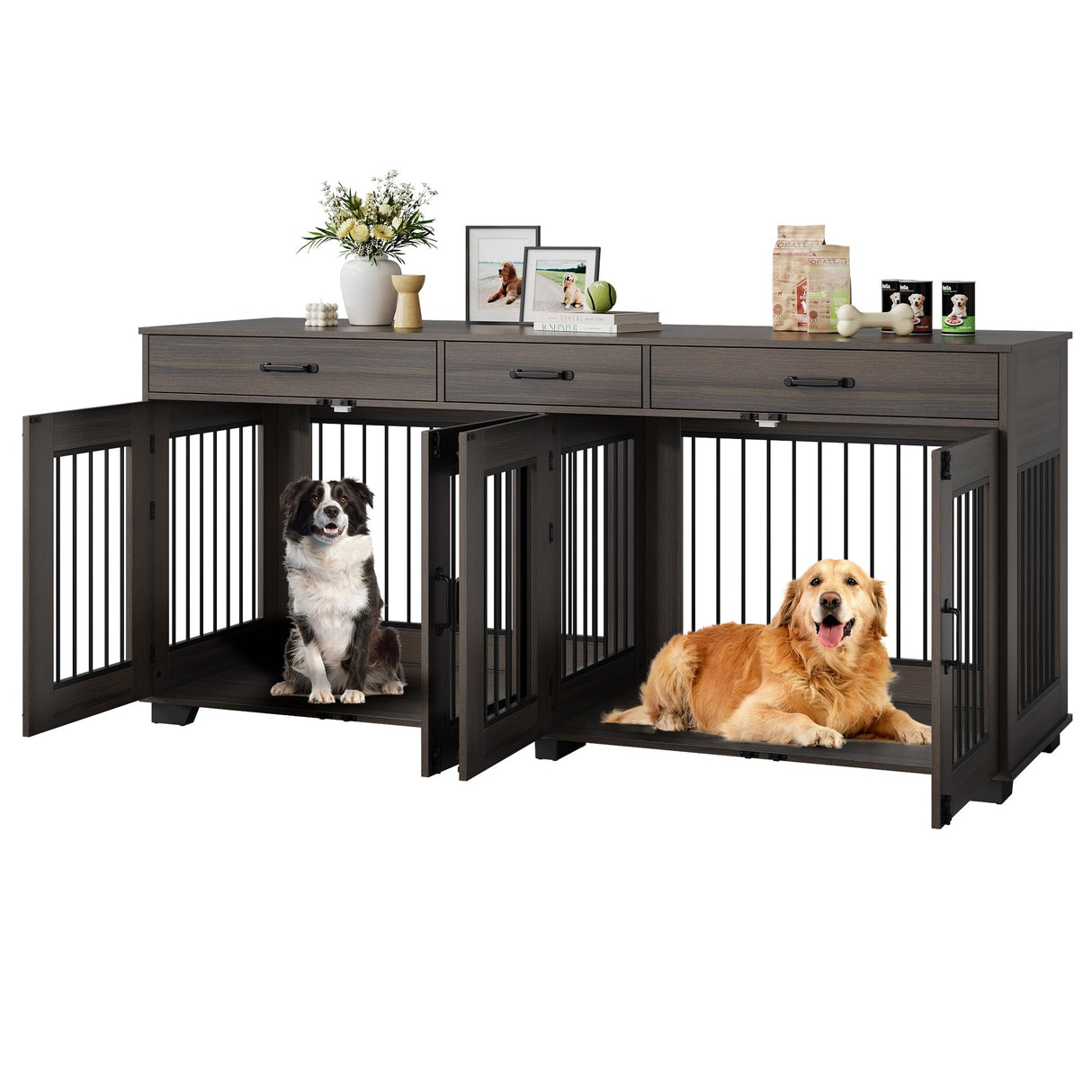71'' Large Dog Crate for 2 Dogs, Dog Crate Furniture with 3 Drawers, Dog Kennel Furniture, Heavy Duty Dog Cage and TV Stand, Perfect for Medium Large Dogs, Walnut GarveeLife