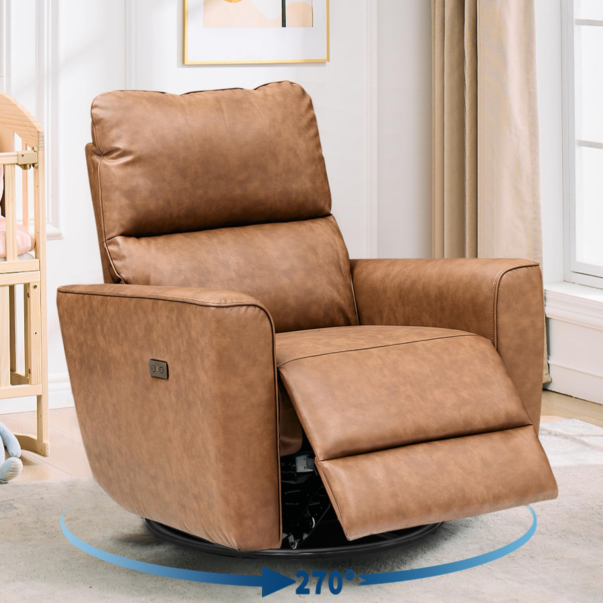 GAOMON Power Recliner Chair Swivel Glider Faux Leather Upholstered Nursery Rocker Reclining Sofa Chair with Charging Port, Curved Armrests & Padded Backrest for Living Room and Bedroom (Brown) GAOMON