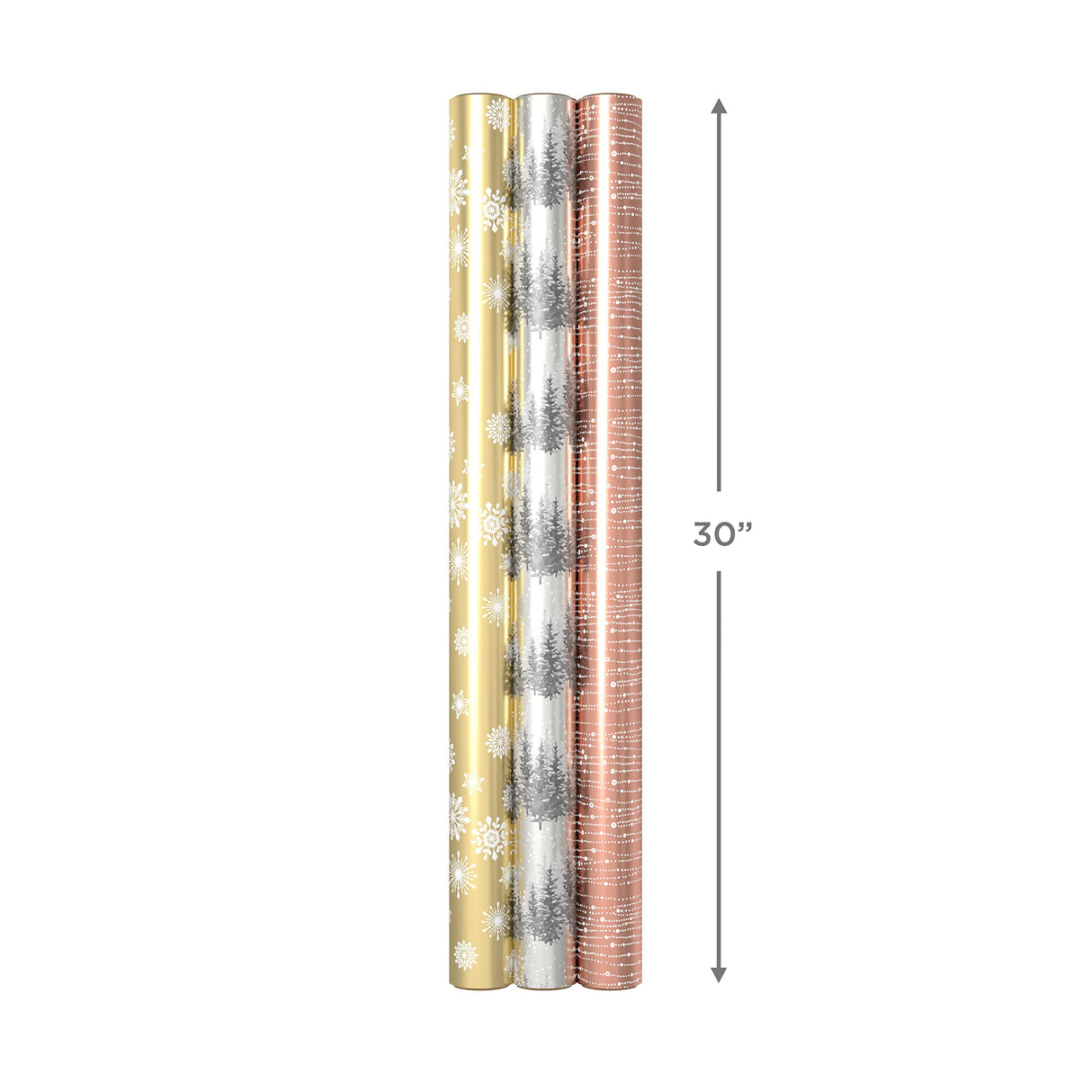 Hallmark Foil Wrapping Paper with Cut Lines on Reverse (3 Rolls: 60 Sq. Ft. Ttl) Rose Gold, Silver Trees, Gold Snowflakes for Winter Weddings, Graduations, Valentine's Day Hallmark