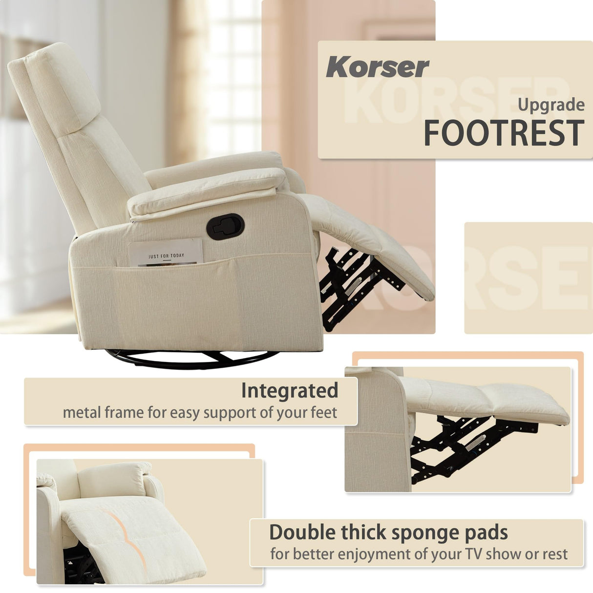 Korser Recliner Chairs, Swivel Rocking Recliner Chair for Adults, Glider Rocking Chair, Small Nursery Recliner for Living Room, Reclining with Modern-Designed Armrests, Chenille, Beige Korser