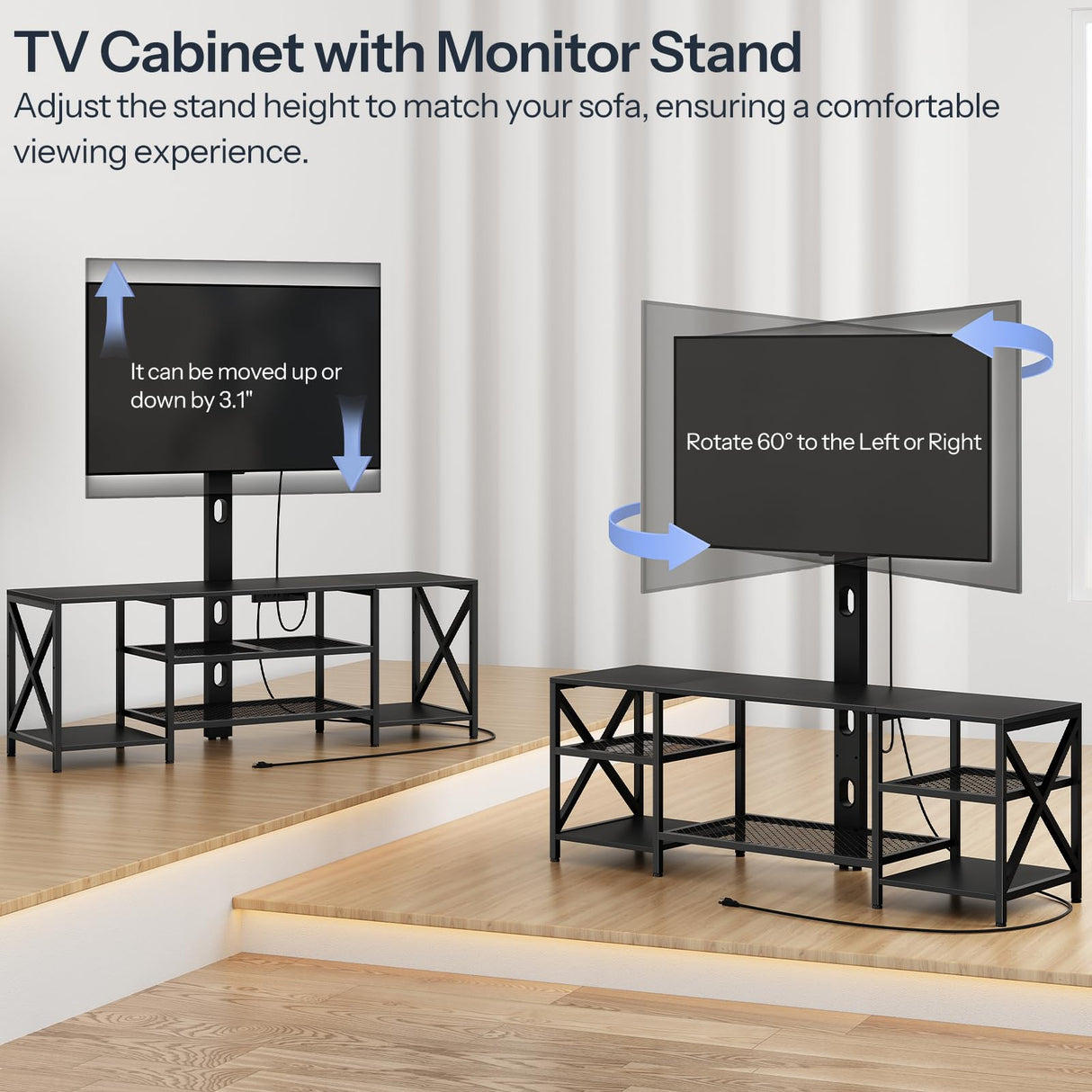 HOOBRO TV Stand with Mount and Power Outlet, LED Entertainment Center with Swivel TV Mount for 32/45/55/60/65/70/75 inch TVs, TV Cabinet with 3-Tier Storage, for Living Room, Bedroom, Black BB46UDDS01 HOOBRO