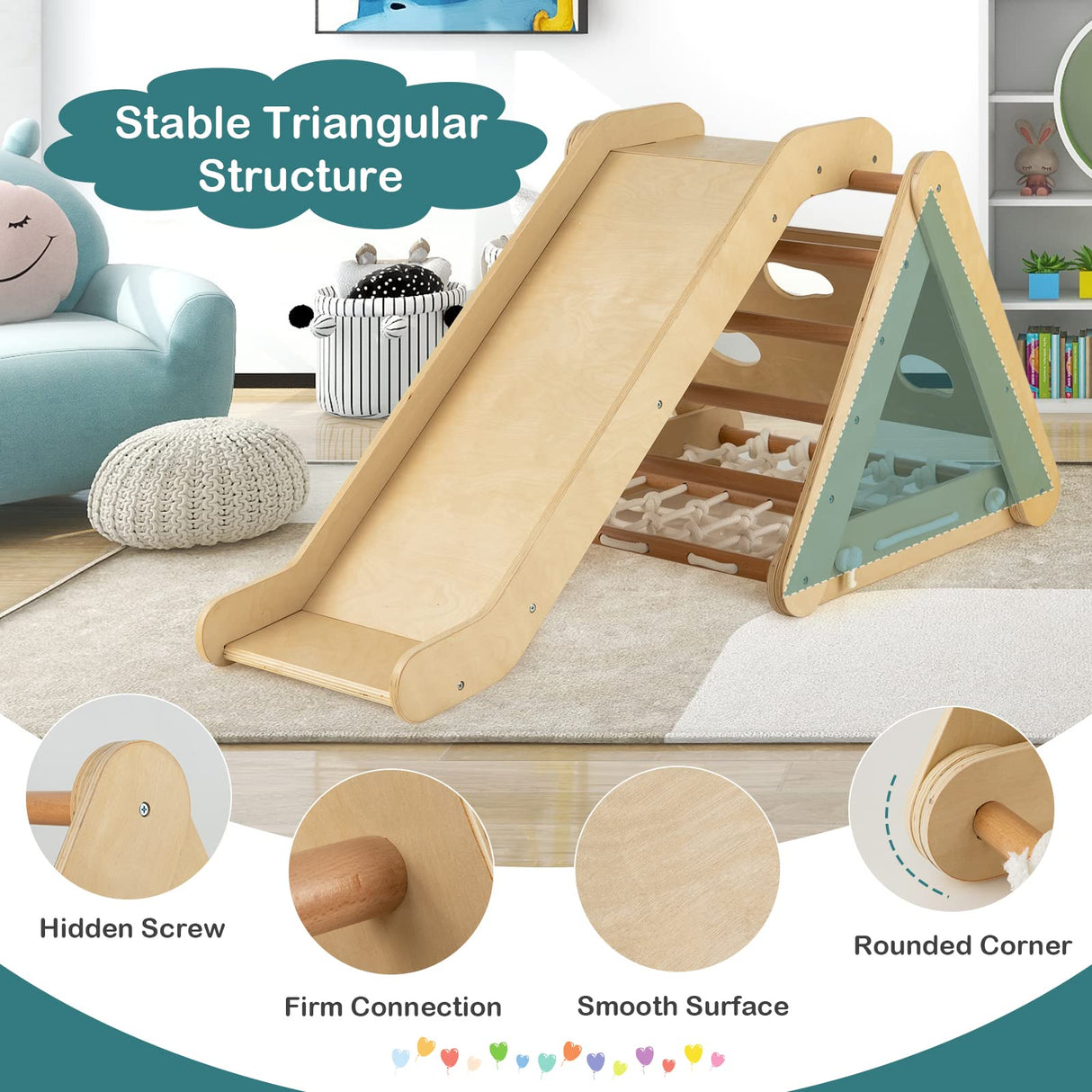 Costzon 4 in 1 Climbing Toy for Toddlers, 3-Sided Montessori Wooden Triangle Climber with Sliding Ramp, Climbing Net & Board, Kids Boys Girls Indoor Home Daycare Gym Playset Birthday Costzon