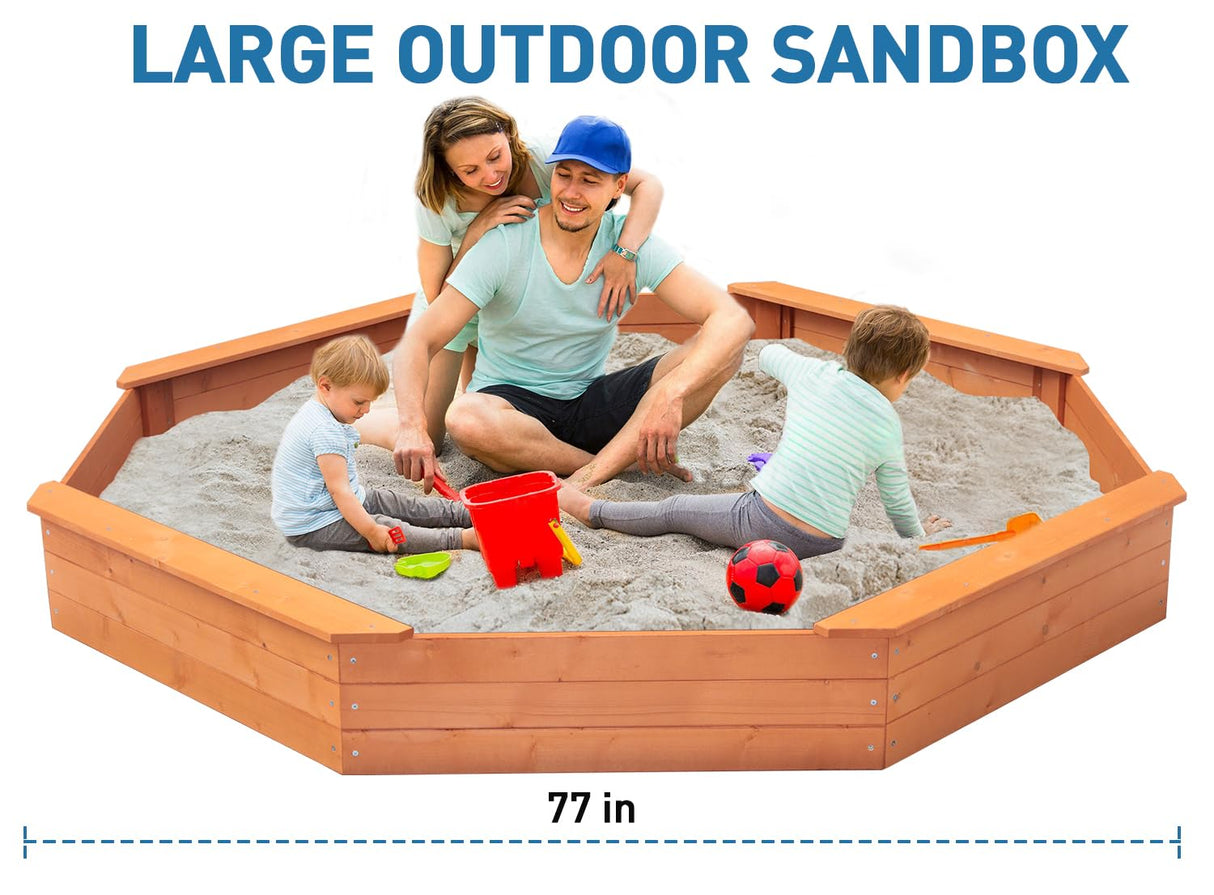 Luyitton Large Octagon Sandbox 84.5"x 77"x 9.02" Wooden Outdoor Kids Sand Pit with Canopy Tarp, Gift for Ages 2-8 Years Old Backyard Garden Easy Assembly luyitton