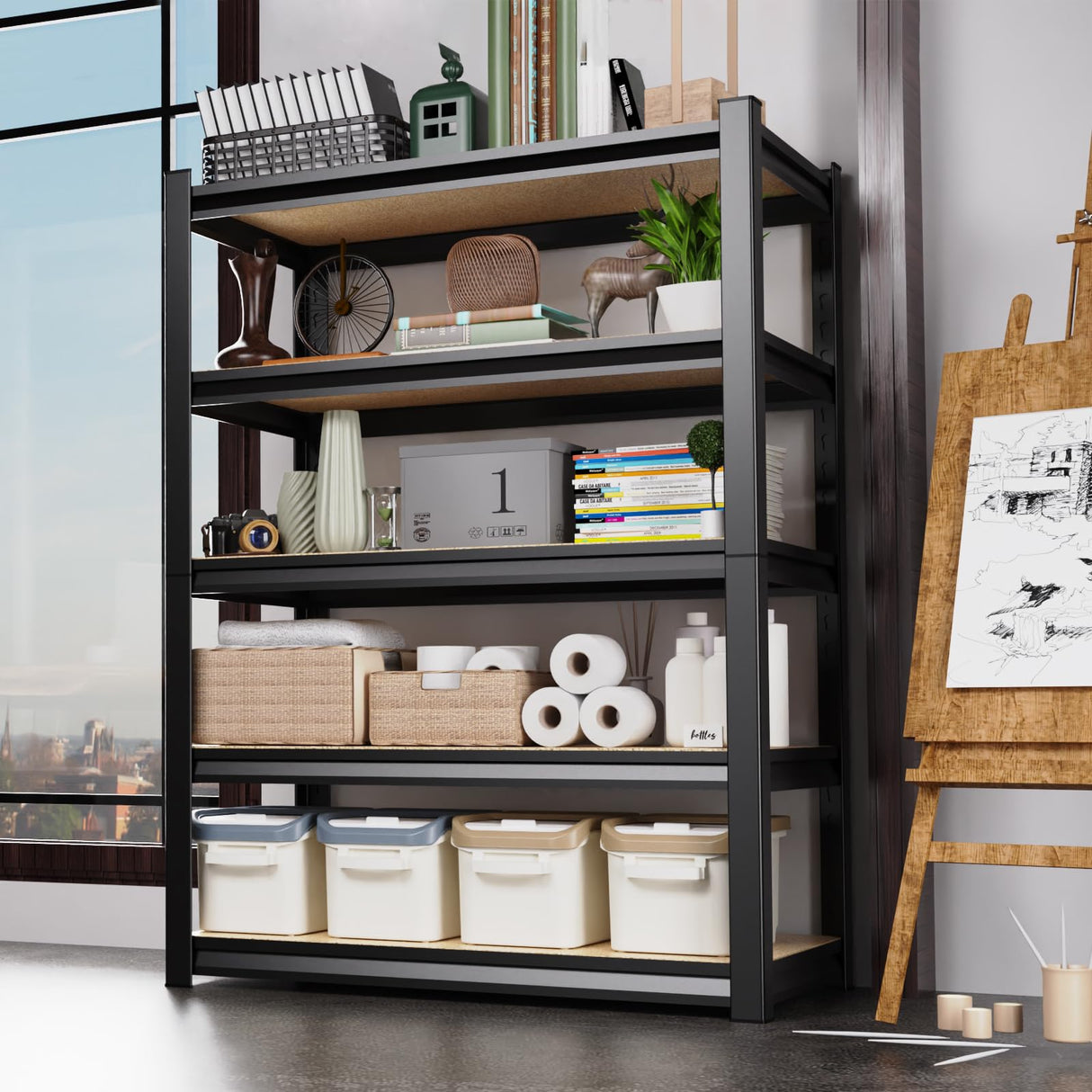 5-Tier Garage Shelving Heavy Duty, Adjustable Storage Shelves, 2500LBS Metal Garage Shelves,Storage Rack for Basement, Warehouse, Pantry, Easy Assembly, Black (wooden-72''H x 35.4''W x 15.7''D) ZZXCBB