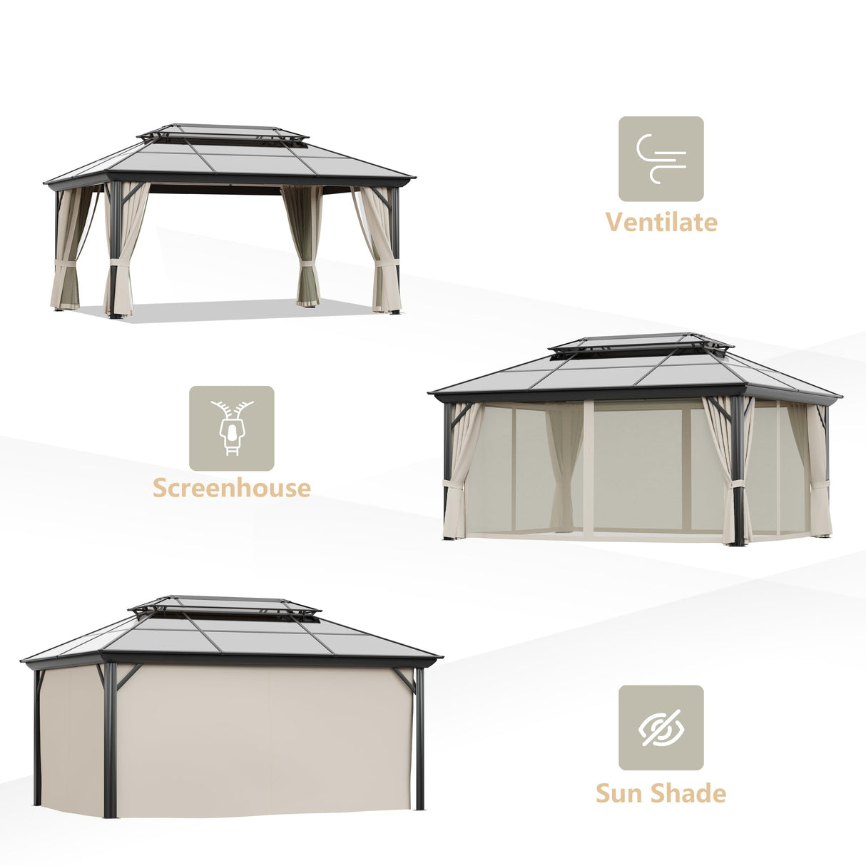 GAZEBEST 12' X 16' Permanent Hardtop Gazebo, Outdoor Polycarbonate Double Roof Pavilion Pergola Canopy with Aluminum Frame and Privacy Curtains for Patio, Garden, Backyard, Lawn GAZEBEST