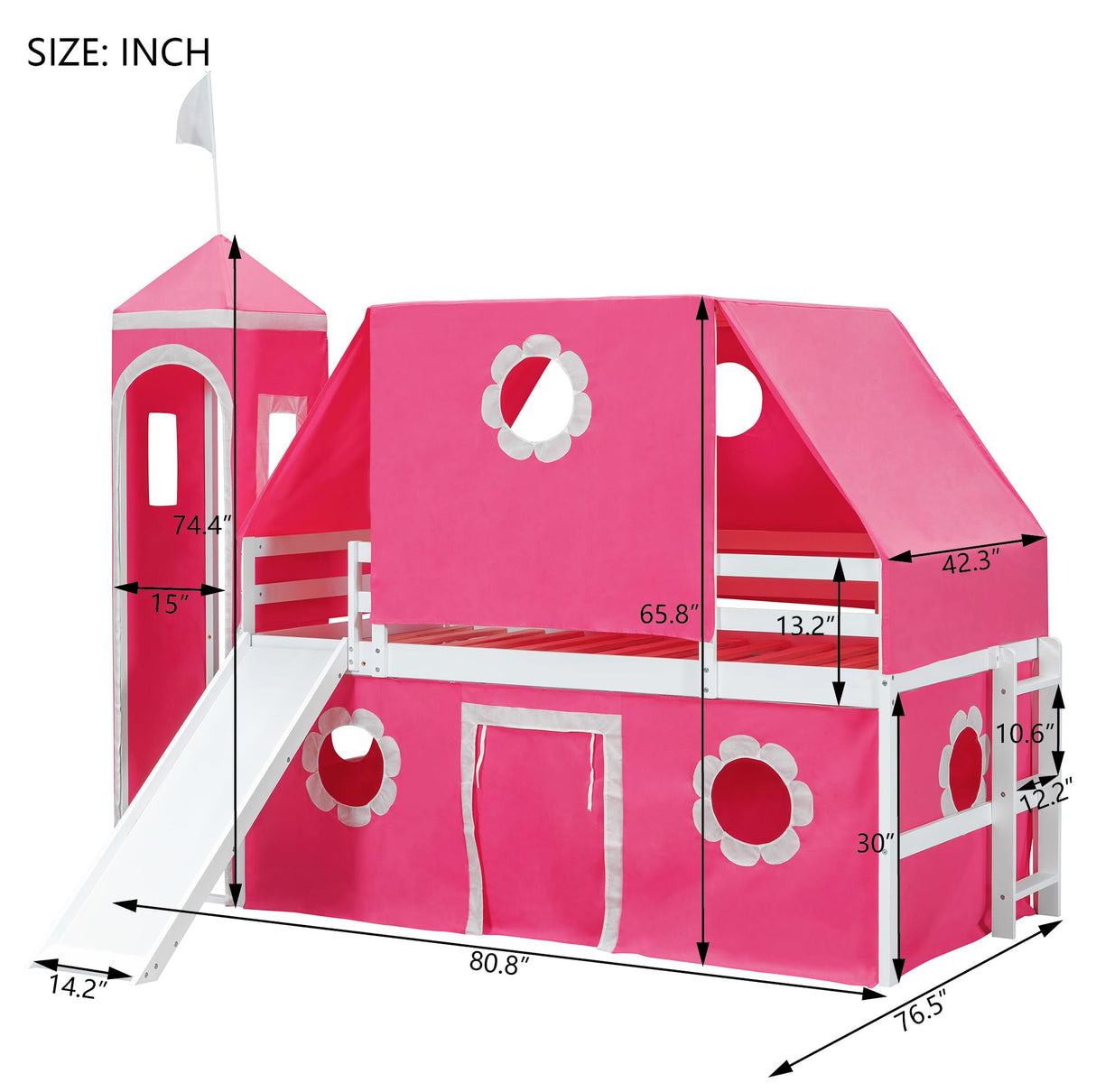 Polibi Castle Loft Bed with Slide & Tent and Tower, Playhouse Design Spacious Under Bed Space with Curtains, Wood Tent Bed Frame for Kids Boys Girls (Pink, Twin) Polibi