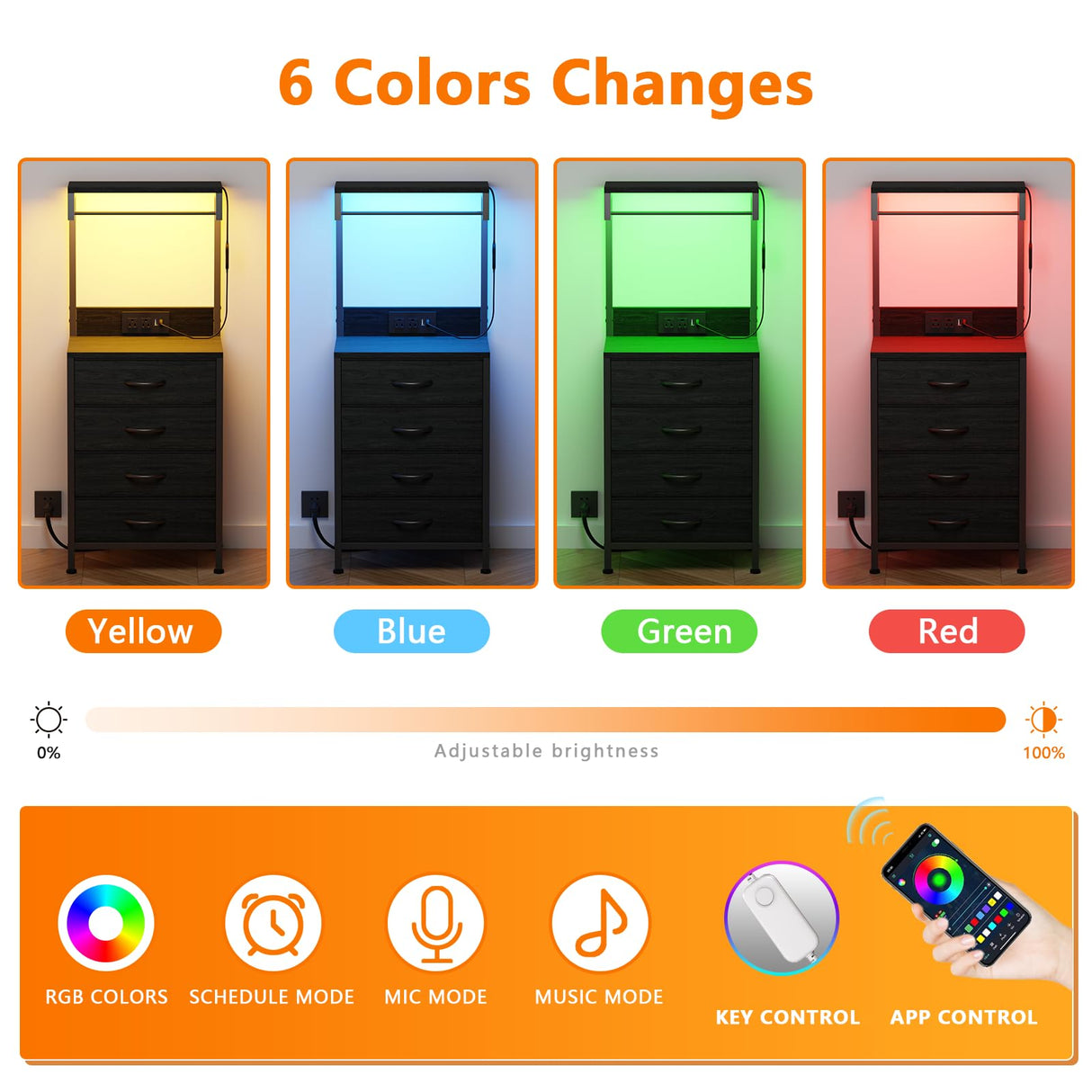 Furnulem Tall Nightstand with 4 Drawers, Night Stand with LED Lights and Charging Station, Bedside Table with Storage Shelves, End Side Table for Bedroom, Office (Black Oak) Furnulem