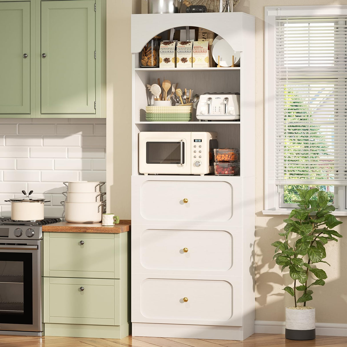 Cyclysio 80" Tall Bookshelf with 3 Drawers, Arched Bookcase with 3-Tier Open Shelves, Wooden Pantry Storage Organizer Cabinets with Seamless Fit Wall for Living Room, Kitchen, Bathroom (White) Cyclysio