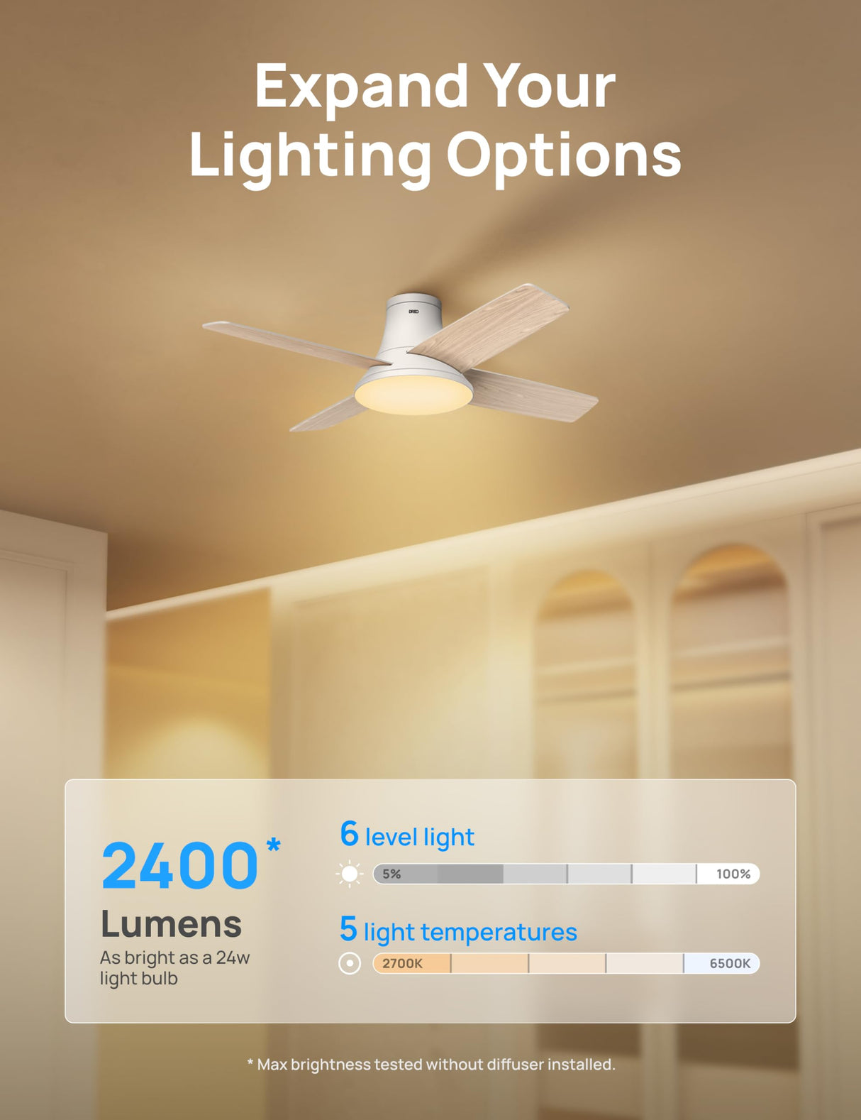 Dreo Ceiling Fans with Lights and Remote Control, 44 inch Low Profile Ceiling Fan, Flush Mount, Reversible, 5 CCT, 6-Level Dimmable, 6 Speeds Ceiling Fan for Bedroom, Quiet, Easy to Install, Timer Dreo