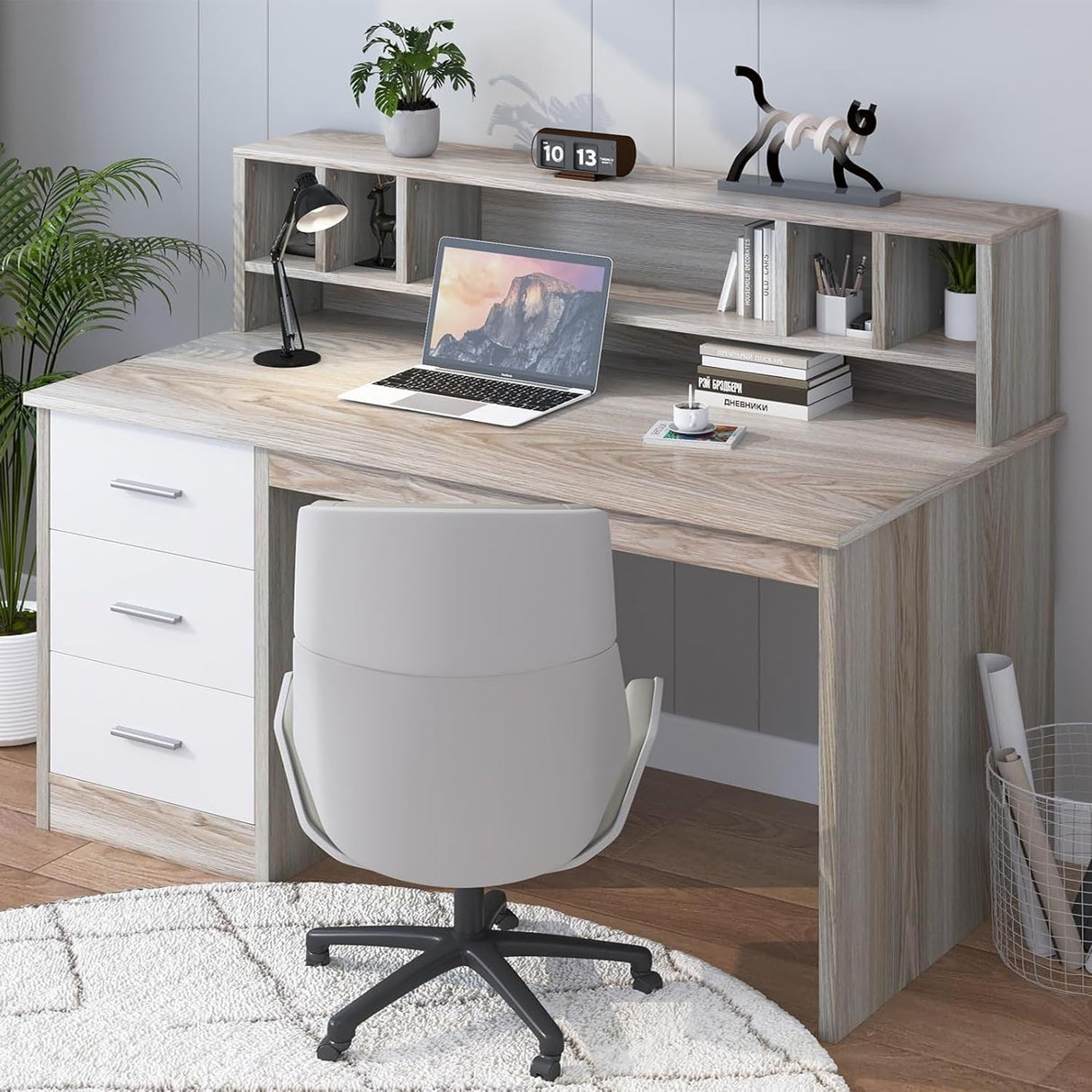 MaverickFurni Walnut and White Desk with 3 Drawers, Small Desk with Storage, Study Desk with Hutch, Kids Desk with Drawers, Wooden Computer Desk for Bedroom MaverickFurni