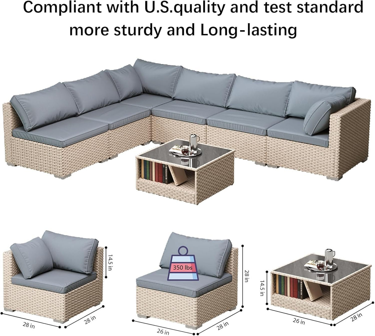 7-Piece Patio Furniture Set, Outdoor Wicker Conversation Set Sectional Sofa with Waterproof Thick Cushions and Coffee Table, Grey Earth patio