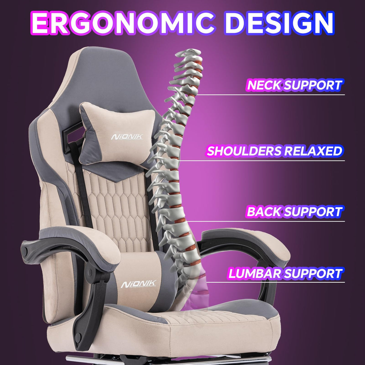 Gaming Chair,Ergonomic Computer Chair,Racing Style Gaming Chair with Massage Waist Pillow and Headrest, Height Adjustable PVC Leather Video Gaming Chair for Office/Home, Beige NIONIK