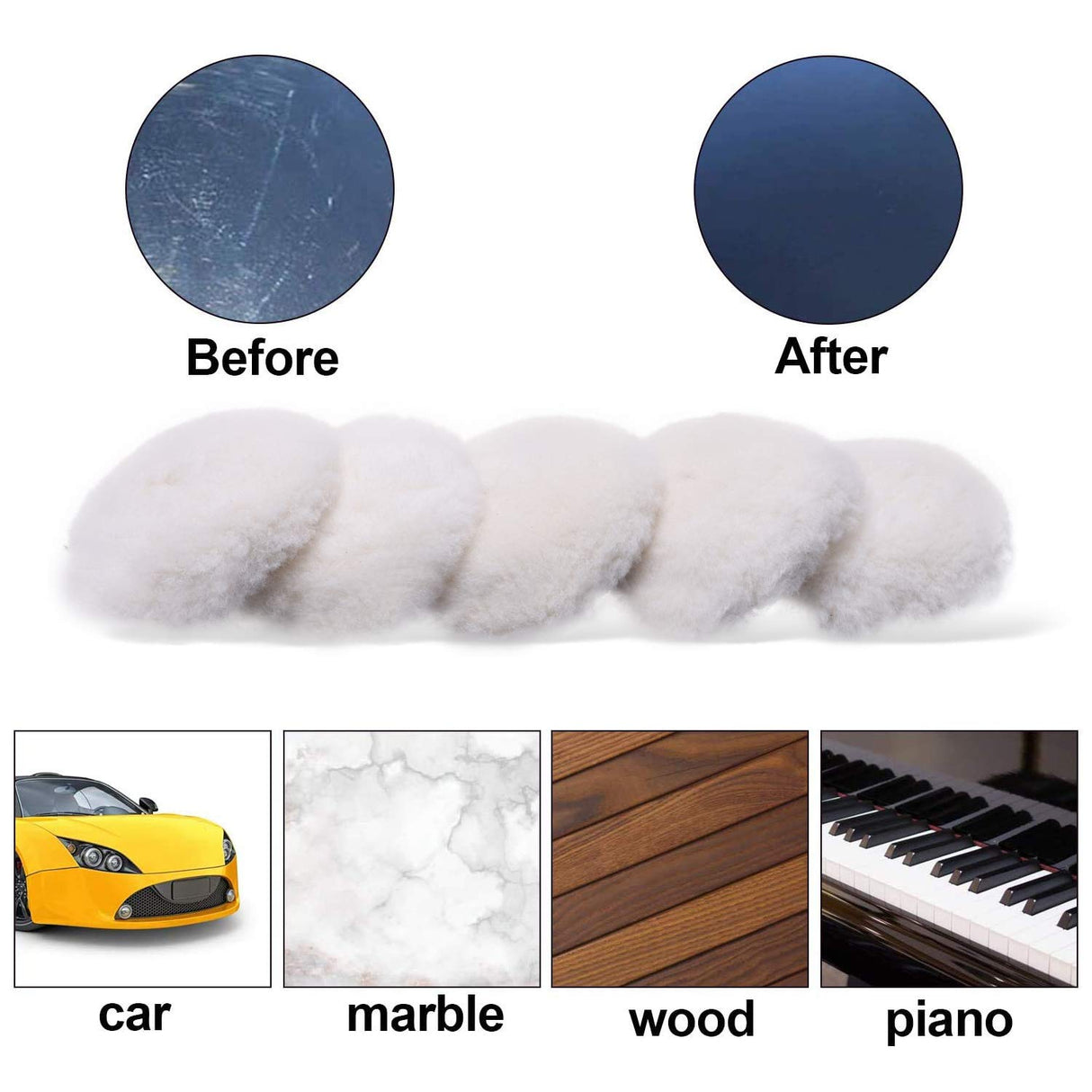 Wool Cutting Pad, Wool Buffing Polishing Pad Set, SPTA 7Pcs 3Inch (80mm) Wool Buffing Wheel for Drill Lambs Wool Hook and Loop for Compound Cutting & Polishing for Car Polisher SPTA