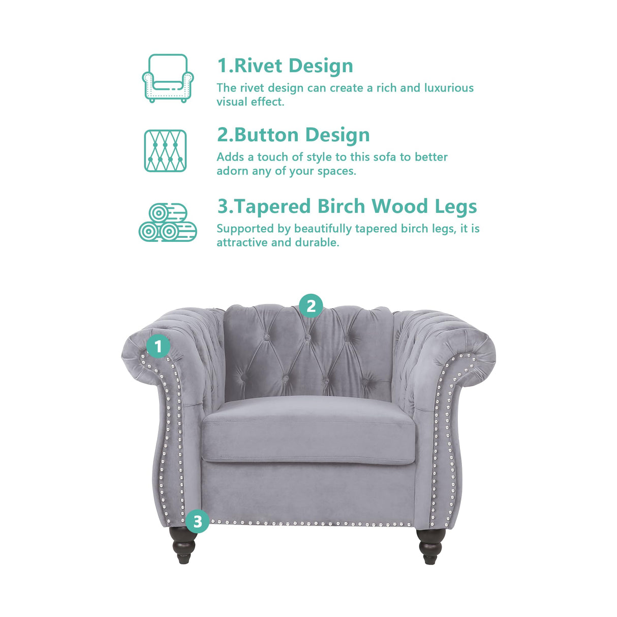 QHITTY 3 Piece Living Room Set, Sectional Chesterfield Sofa Chair Contemporary Upholstered Velvet Loveseat Couch Sets for Living Room, Bedroom, Office QHITTY