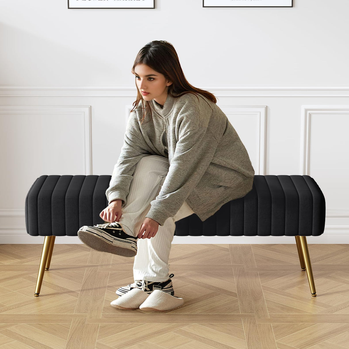 Furniliving 44 Inch Bedroom Bench, Upholstered Tufted Striped Fabric Ottoman Benches with X-Shaped Metal Legs for Living Room, Entryway Solid Wood Indoor Bench for Foyer (Black) Furniliving