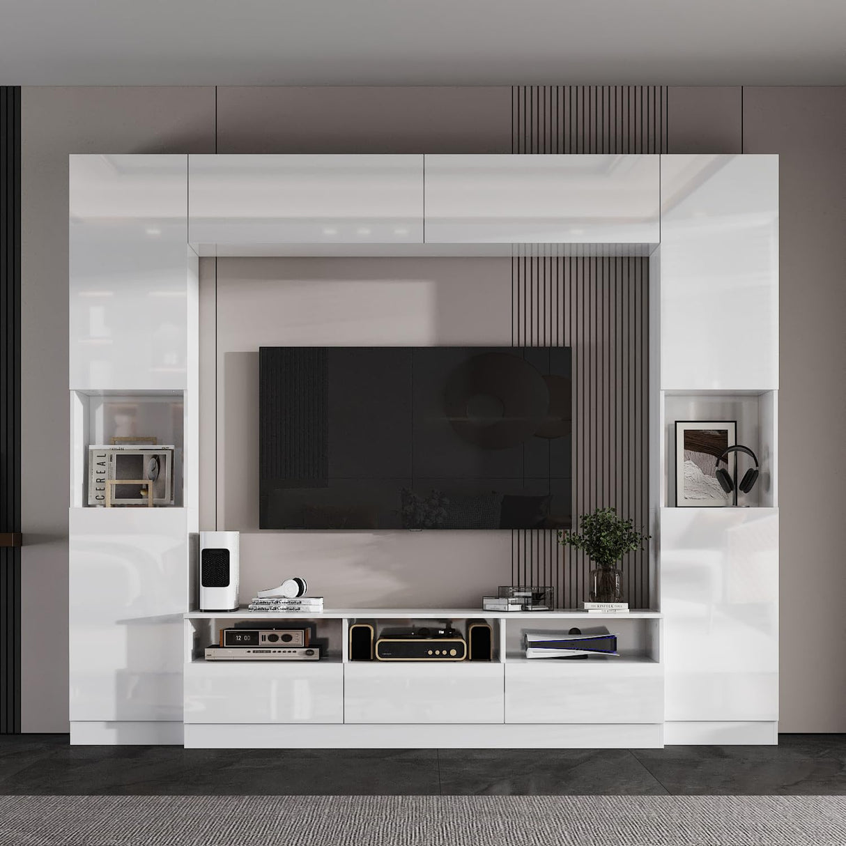 AIEGLE High Gloss Entertainment Center with Storage Bridge, Modern Media Console Table Wall Unit with Cable Management for 70 75 inch TV, TV Stand Set, White, 94.5”W AIEGLE