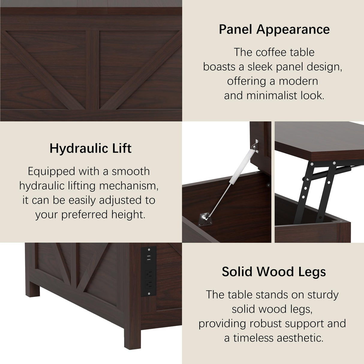 Furnivado 35'' Farmhouse Lift Top Coffee Table, Coffee Table with Storage and Large Hidden Storage, Square Coffee Table with Charging Station&USB Ports, Lift Coffee Tables for Living Room, Brown Furnivado