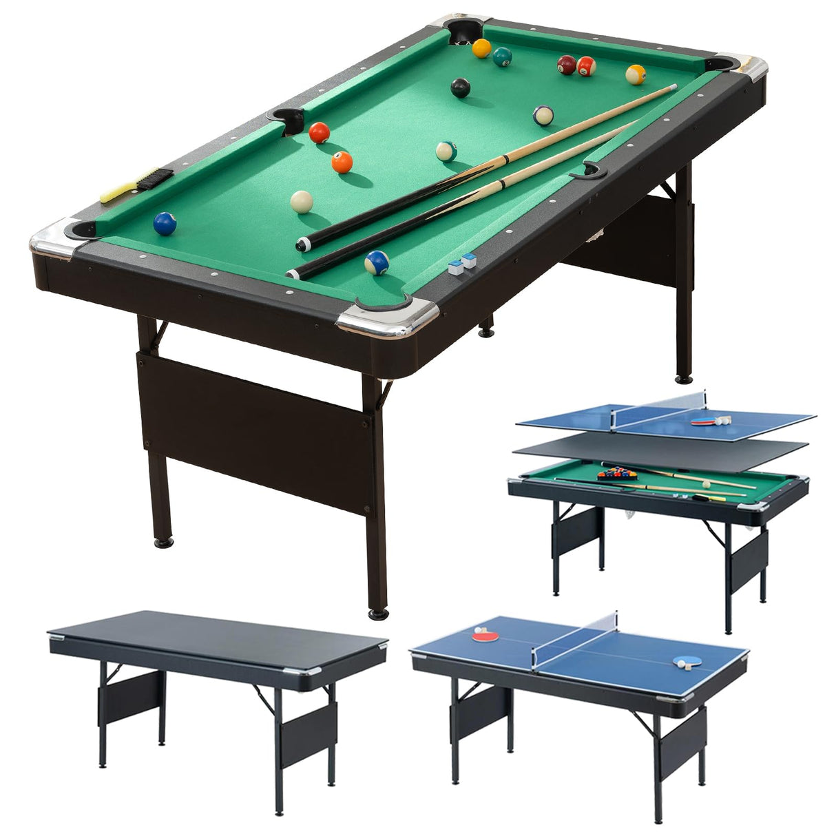 Multi Game Table, Portable Pool Table, Ping Pong & Dining Table Combo, 68.5-inch Foldable Billiard Table for Adults & Kids with Billiard Accessories and Tennis Paddles (3-in-1 Pool Table - Green) INOTEVERITORY
