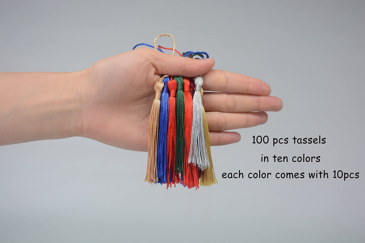 Makhry 100 Pieces Bookmark Tassels 13cm/5 Inch Colorful Silky Tassels with Loop Handmade Tassels for Crafts Jewelry Making DIY Art Projects School Supply 10 Colors((Mixed 2 Dark) Makhry