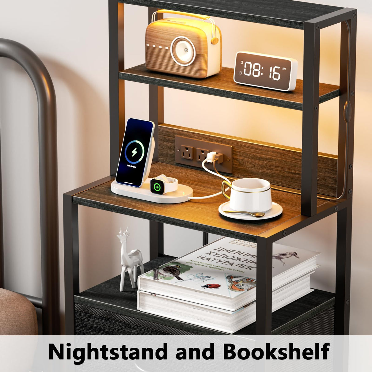 Furnulem Night Stand, Tall Nightstand with 4-Tier Shelves and 3 Fabric Drawers, LED Bed Side Tables with Charging Station, Bedside Table for Bedroom, Hallway, Home Office, Black Oak Furnulem