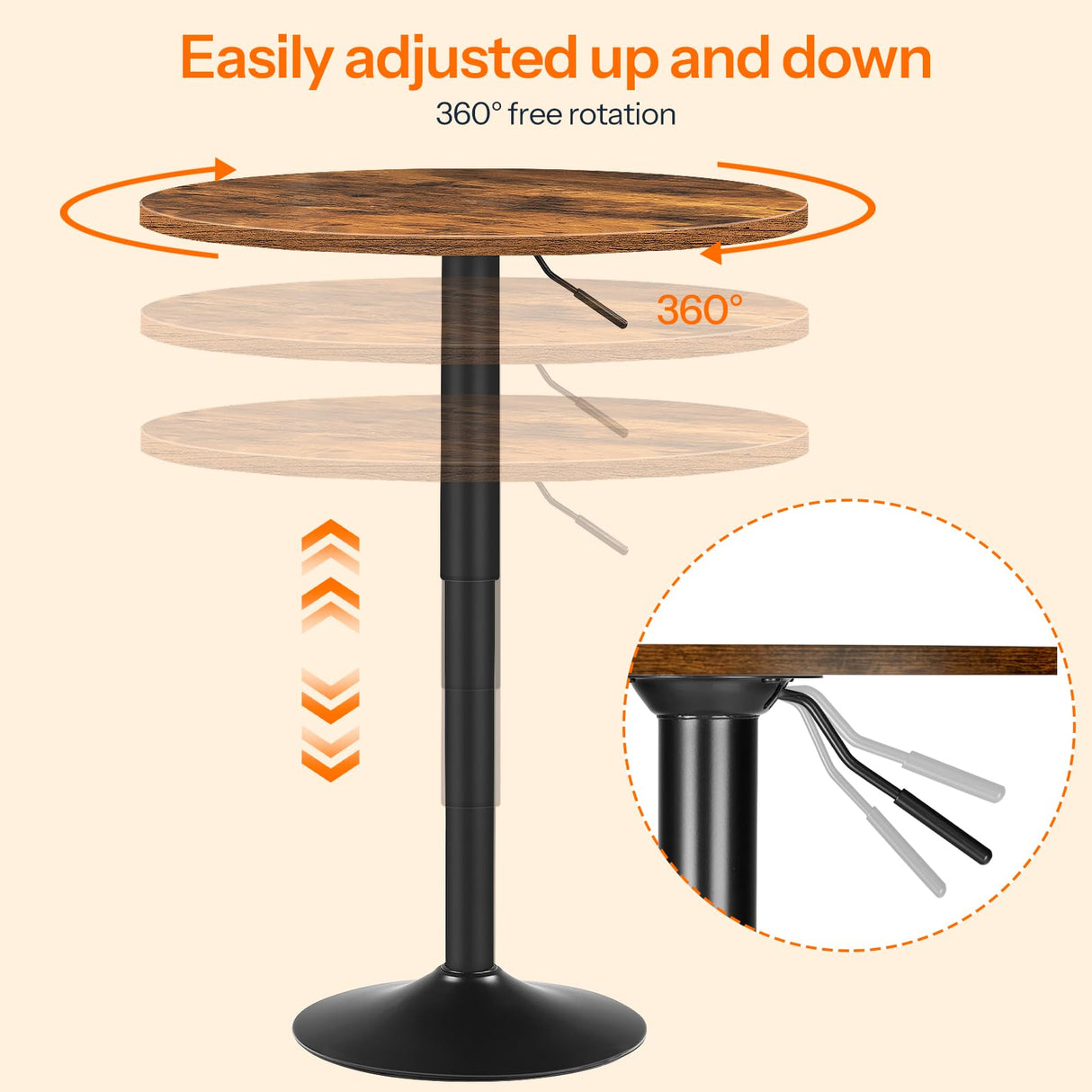 HOOBRO 2 Pcs Bar Table, Height-Adjustable Round Pub Table 27-35.4 Inches with Sturdy Base, Modern Style, Easy to Assemble, Suitable for Small Space, Rustic Brown and Black BF58BTP201G1 HOOBRO