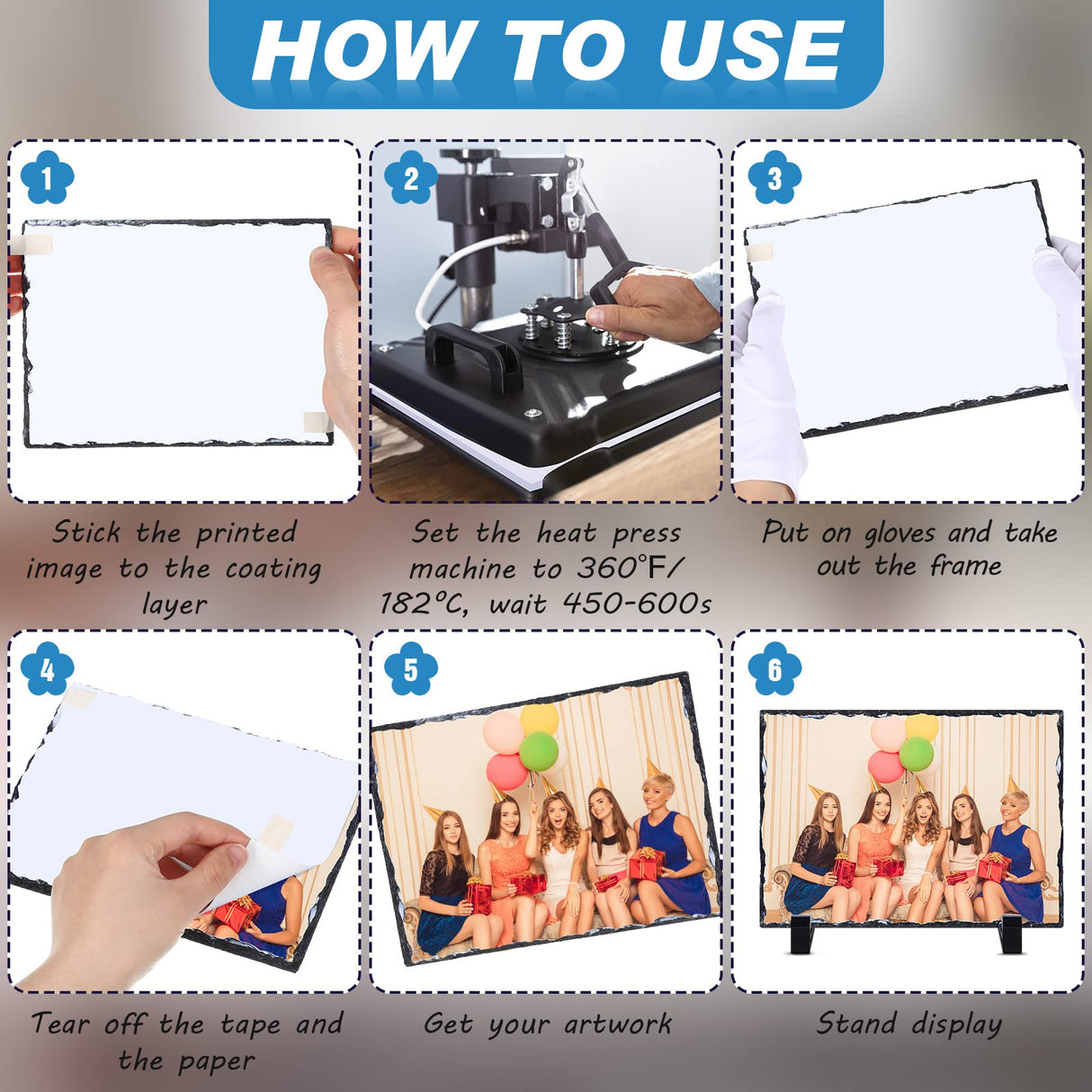 4 Pcs Sublimation Blank Slate Rock Rectangular Custom Stone Slate Picture Frame Matte Heat Transfer Rock Photo Plaque with Display Stand for Desktop Souvenir DIY Gift Decoration (5.9 X 7.9 Inch) Gersoniel