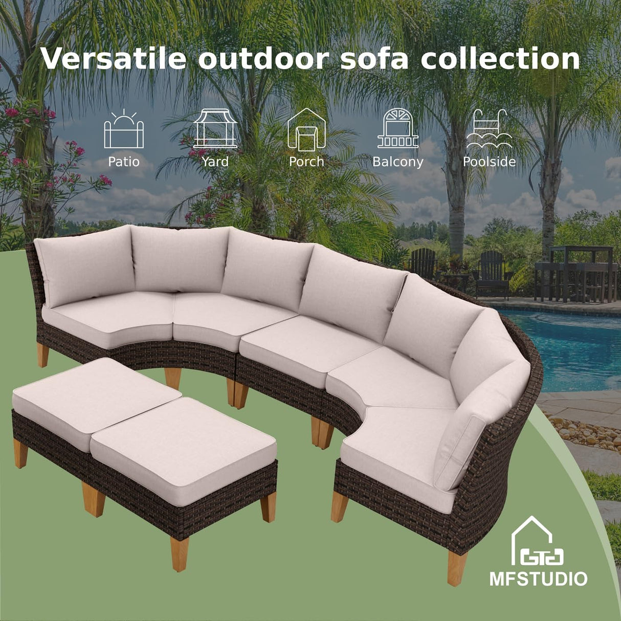MFSTUDIO Extra Large Wicker Patio Furniture Sets, 10 Pieces All-Weather Half-Moon Curved Rattan Patio Sectional Sofa Set Outdoor Patio Conversation Set with 4" Thick Beige Cushions for Backyard Porch MFSTUDIO