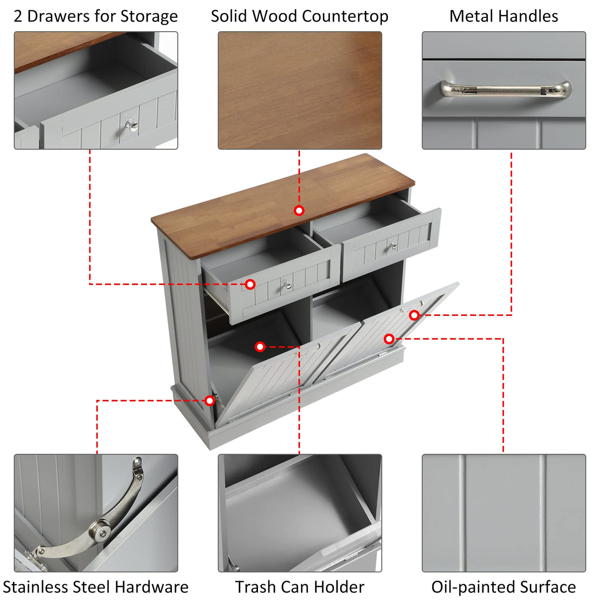 KIGOTY Dual Kitchen Trash Cabinet, Double Tilt Out Trash Can Cabinet with Countertop and Drawer, Free-Standing Pet Proof Recycling Cabinet Garbage Can Holder (Gray, 36" H) KIGOTY