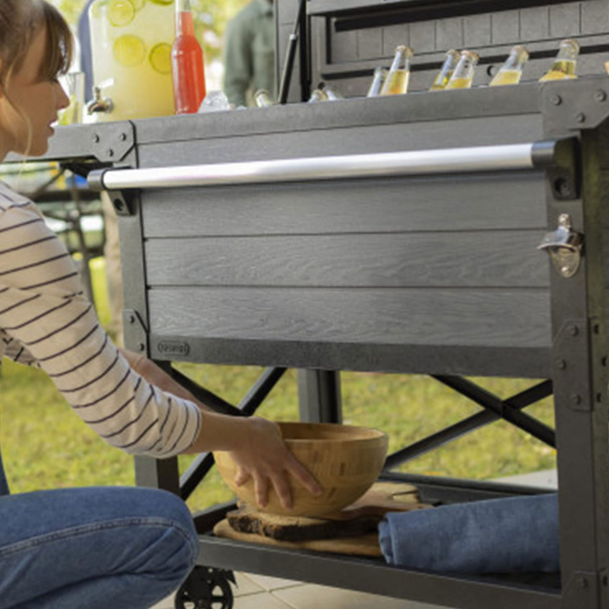 Keter Rolling Ice Cooler Cart, Outdoor Party Beverage Stand w/Wheels, 89.8 Qt, Dark Grey Keter