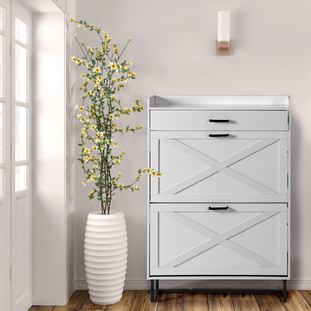 OneBlis Shoe Cabinet with 2 Flip Drawers, Freestanding Shoe Cabinet Organizer with Metal Legs, Wood Shoe Storage Cabinet for Entryway, Narrow Shoe Rack, White OneBlis